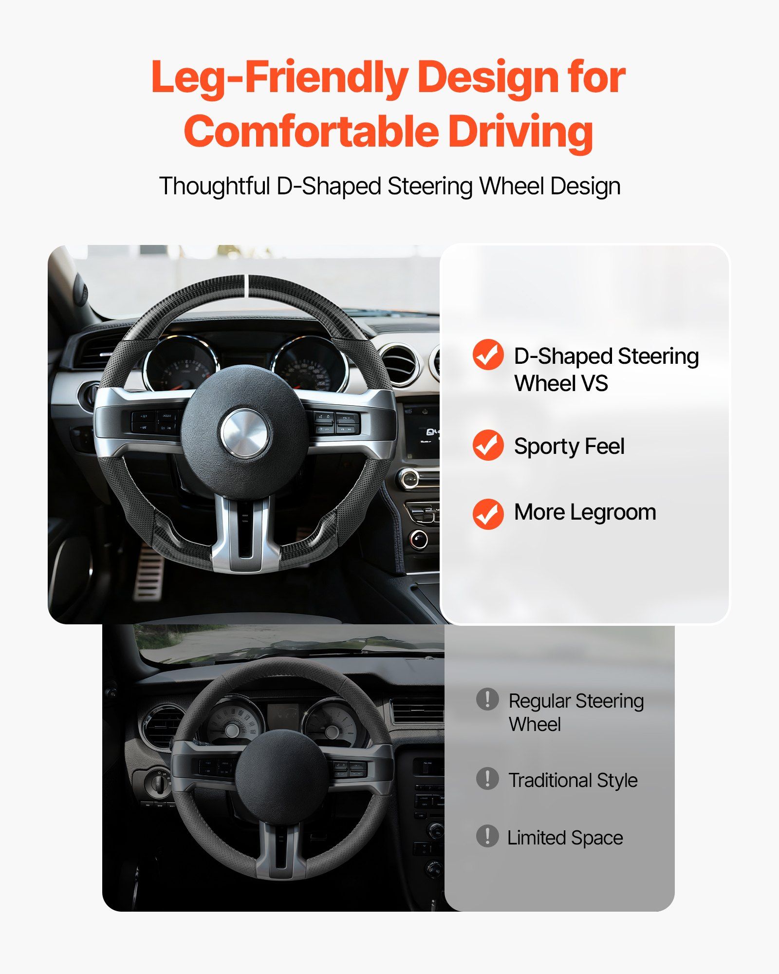 Steering Wheel for 2010-2014 Ford Mustang, Carbon Fiber Steering Wheel D-Shaped Flat-Bottom, Leather Grip with Non-Slip Texture & Precise Stitching, Accessories Replacement for Mustang, Black - Image 4