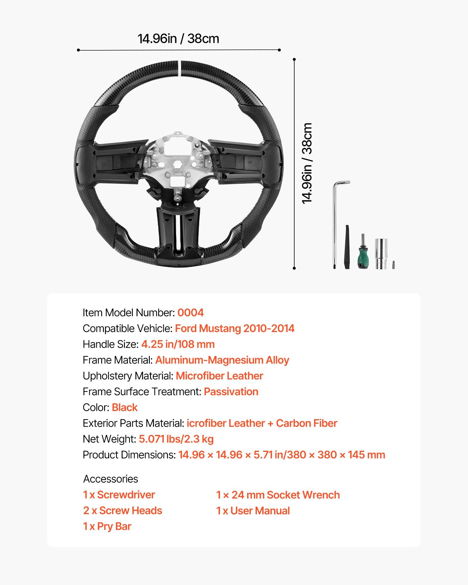 Steering Wheel for 2010-2014 Ford Mustang, Carbon Fiber Steering Wheel D-Shaped Flat-Bottom, Leather Grip with Non-Slip Texture & Precise Stitching, Accessories Replacement for Mustang, Black - Image 7