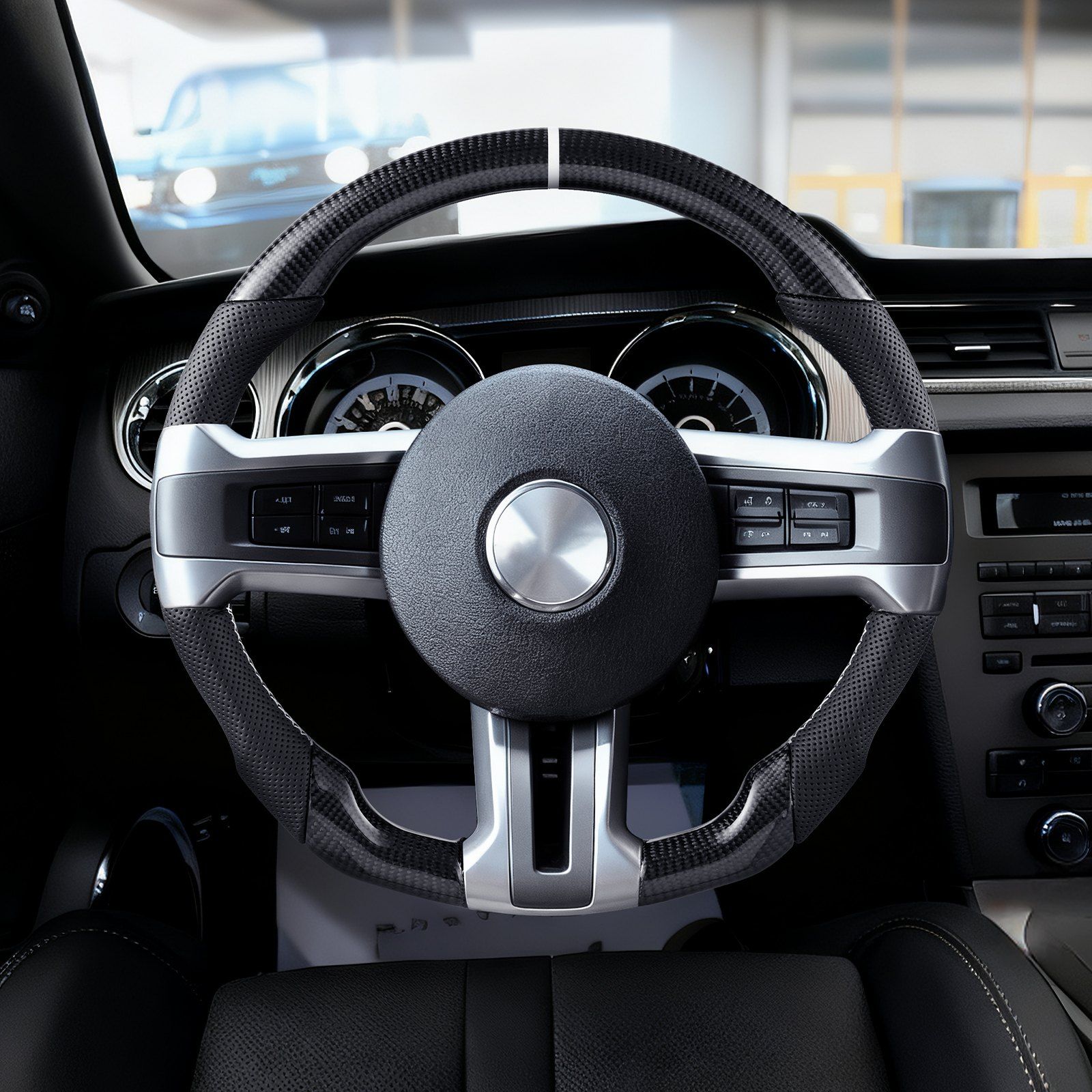 Steering Wheel for 2010-2014 Ford Mustang, Carbon Fiber Steering Wheel D-Shaped Flat-Bottom, Leather Grip with Non-Slip Texture & Precise Stitching, Accessories Replacement for Mustang, Black - Image 8