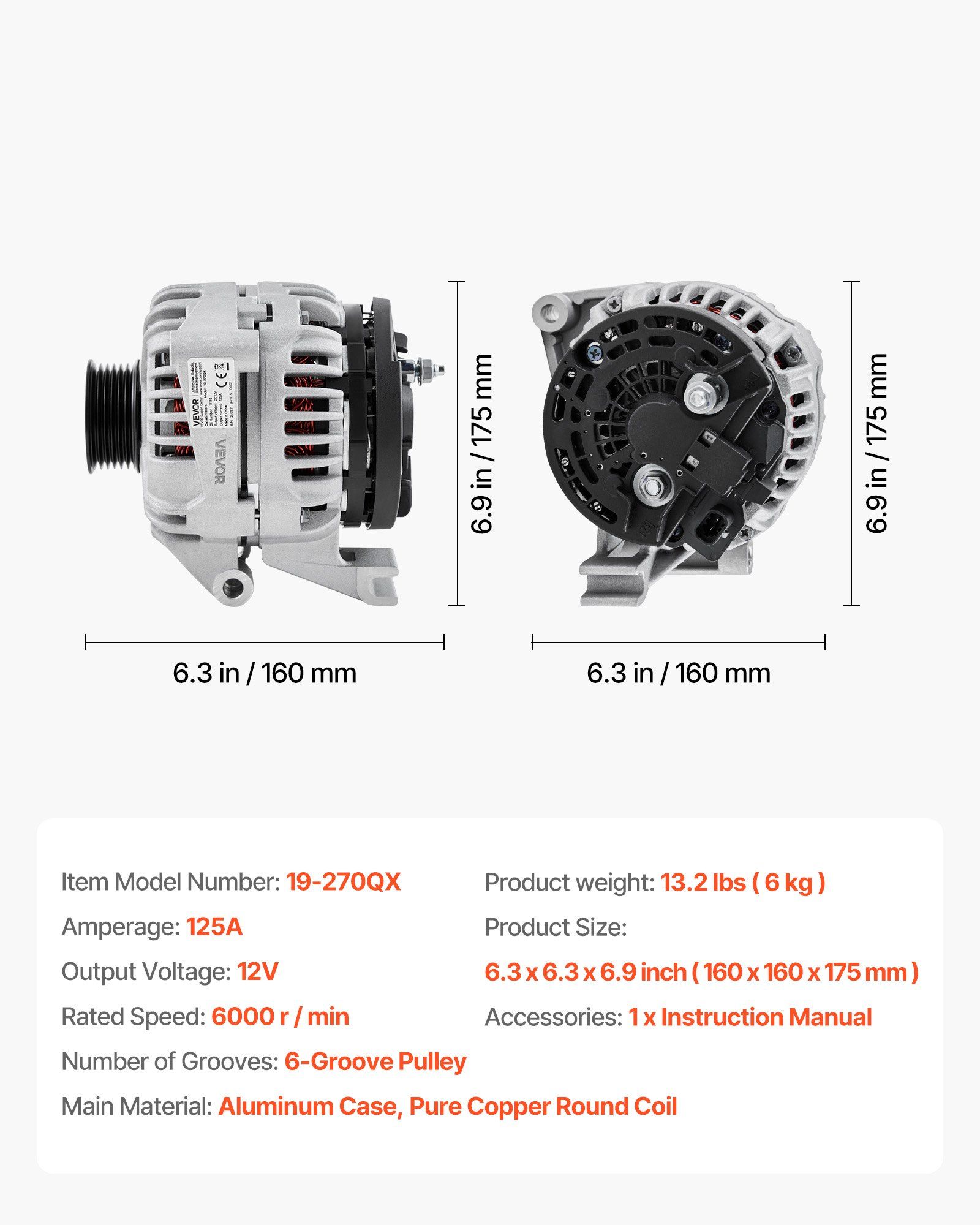 Car Alternator 11185, Fit for Chevrolet Impala LS, LT 3.5L 2006-2011, Impala LTZ 3.9L 2009-2010, Monte Carlo V6 2006-2007, Automotive Replacement Alternator 0124425102, 0124425032, 10335497 - Image 7