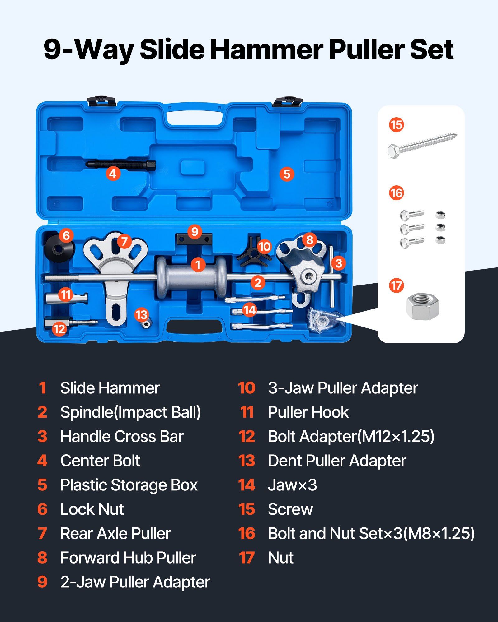 9-Way Slide Hammer Puller Set, 15PCS Front Wheel Hub Bearing Remover & Rear Wheel Axle Hub Dent Shaft Puller Tool Kit, Axle Bearing Puller Tool Kit and Slide Hammer Remover Set with Carry Box - Image 2