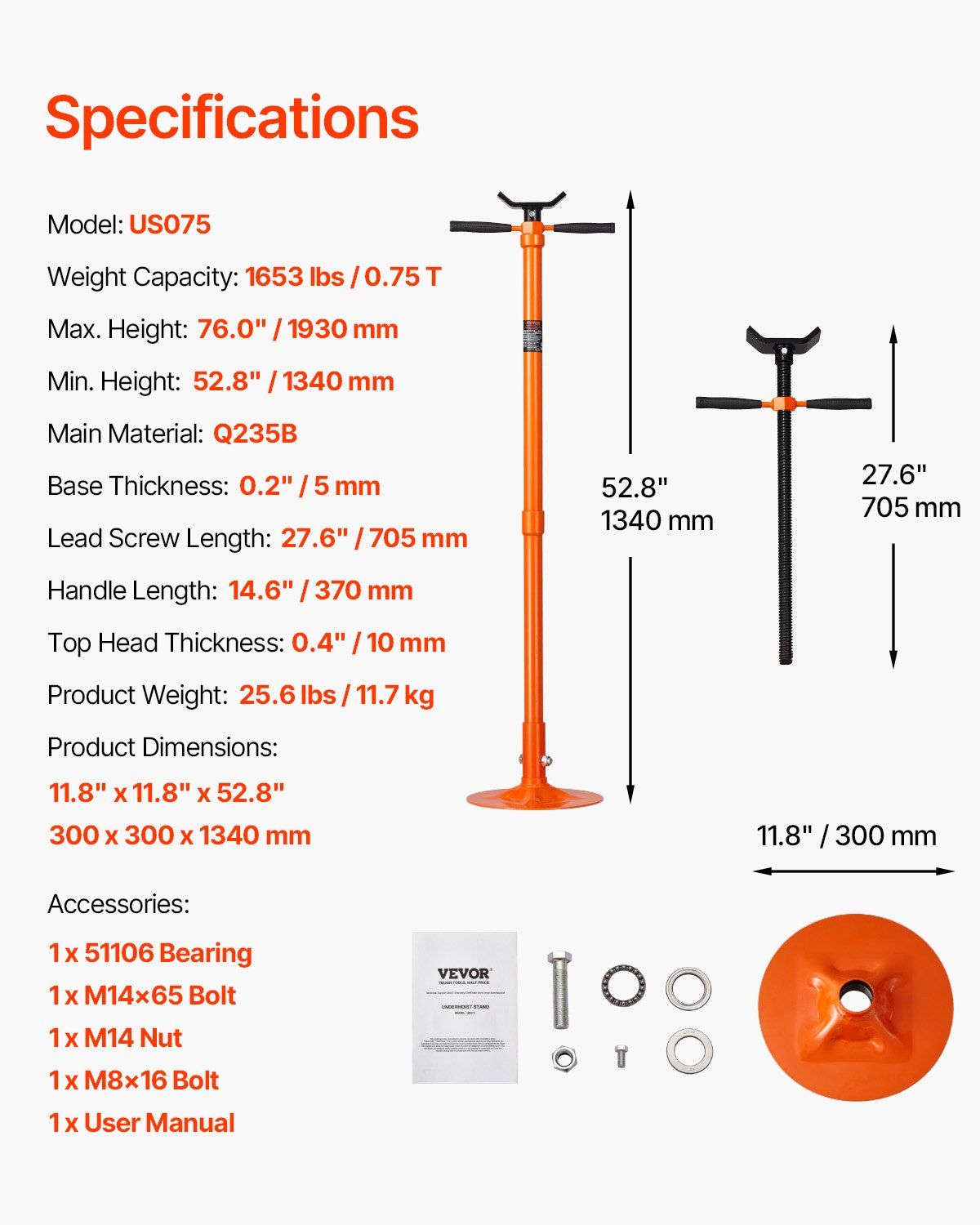 Underhoist Support Stand, 3/4 Ton Capacity Under Hoist Jack Stand, Lifting from 52.8 to 76 in, Self-Locking Threaded Screw, Bearing Mounted Spin Handle Pole Jack, Support Vehicle Components - Image 7