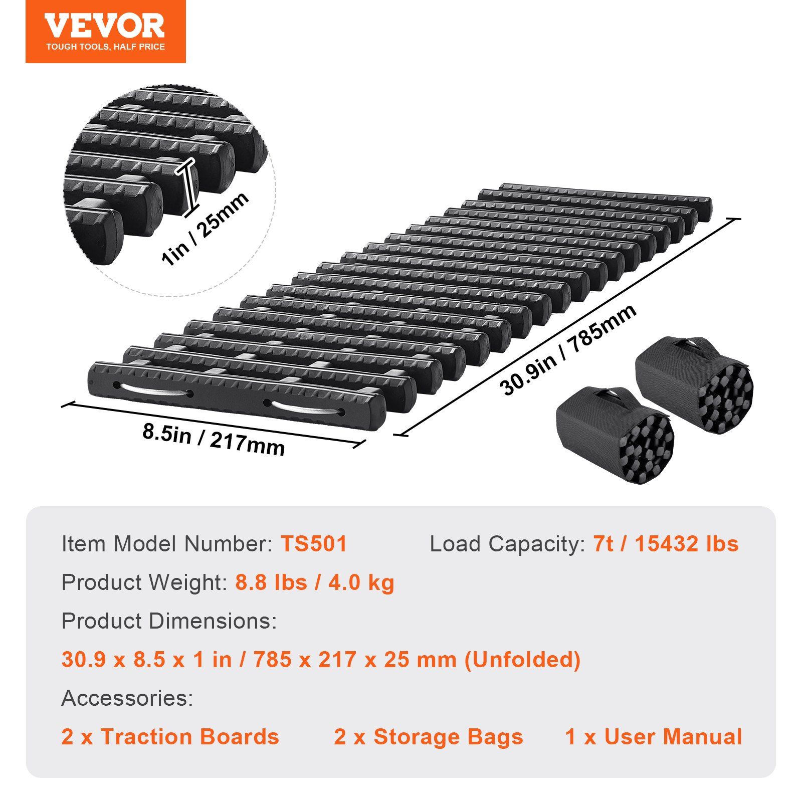 7 TON Traction Boards with TPR Material, Recovery Boards for Off-road Vehicles/Cars/Pickups/SUVs/RVs, Pair Tire Traction Mats on Snow, Sand, Mud and Loose Terrain, Storage Bags, Short, Black - Image 7