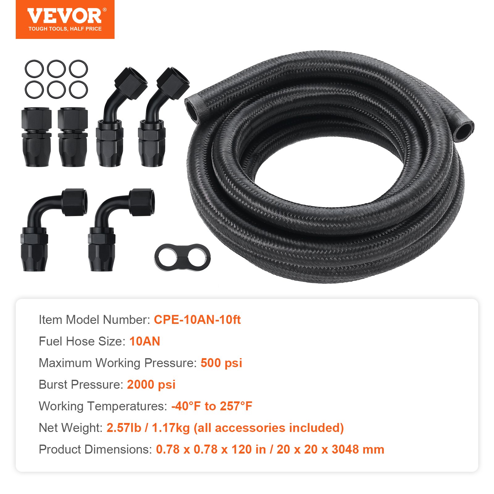 10AN Fuel Line Kit, 3.05 m Fuel Hose Kit, 1.4 cm Nylon Stainless Steel Braided Fuel Line Oil/Gas/Diesel Hose End Fitting Kit, with 7 PCS Swivel Fitting Adapter Kit, Black - Image 7