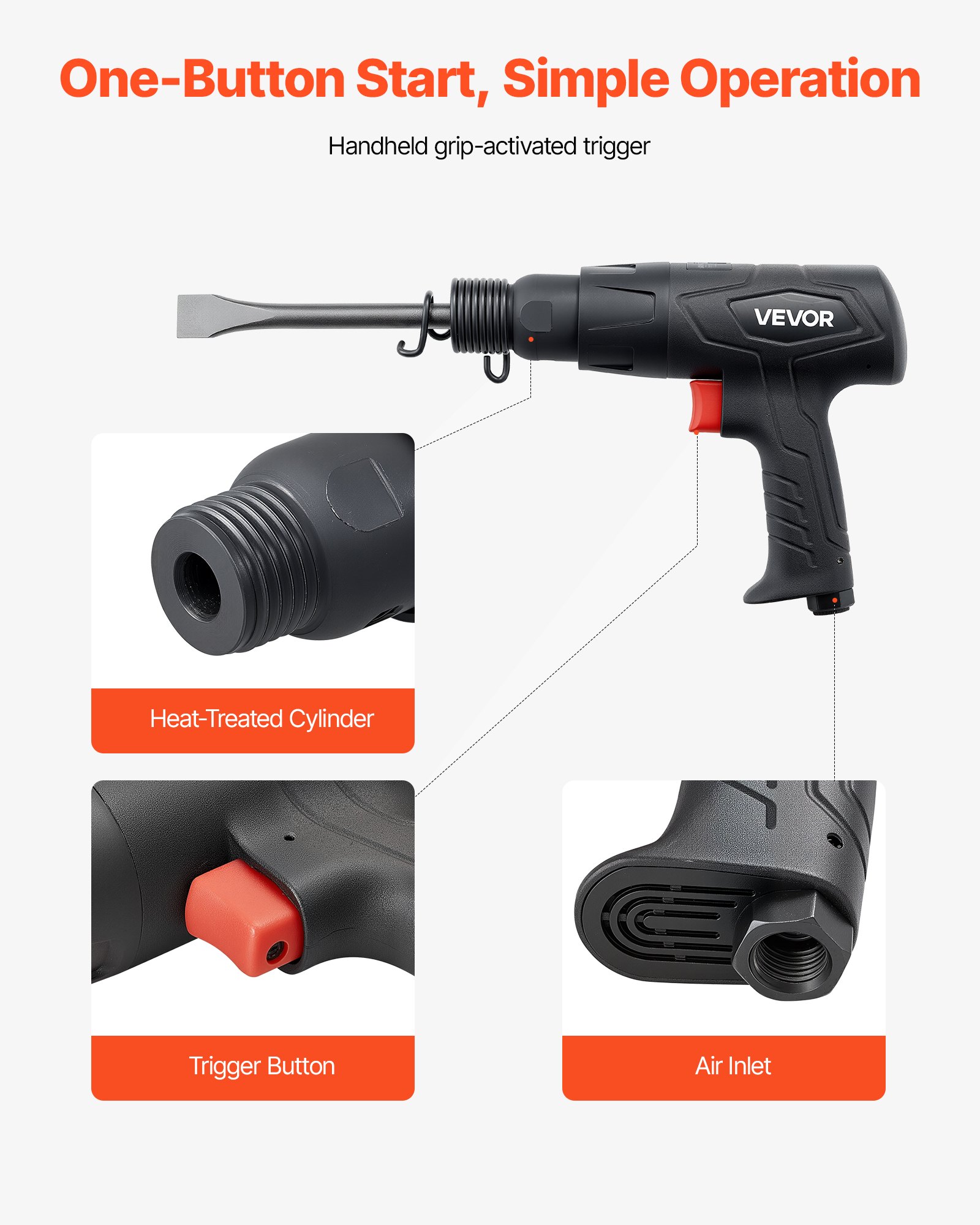 Air Hammer, 2500-2700BPM Pneumatic Hammer with 70mm Stroke & 4PCS 170mm Long Barrel Chisels, Pistol-Grip Compact Air Chisel Pneumatic Shovel Tool for Cutting Scraping Demolishing - Image 3