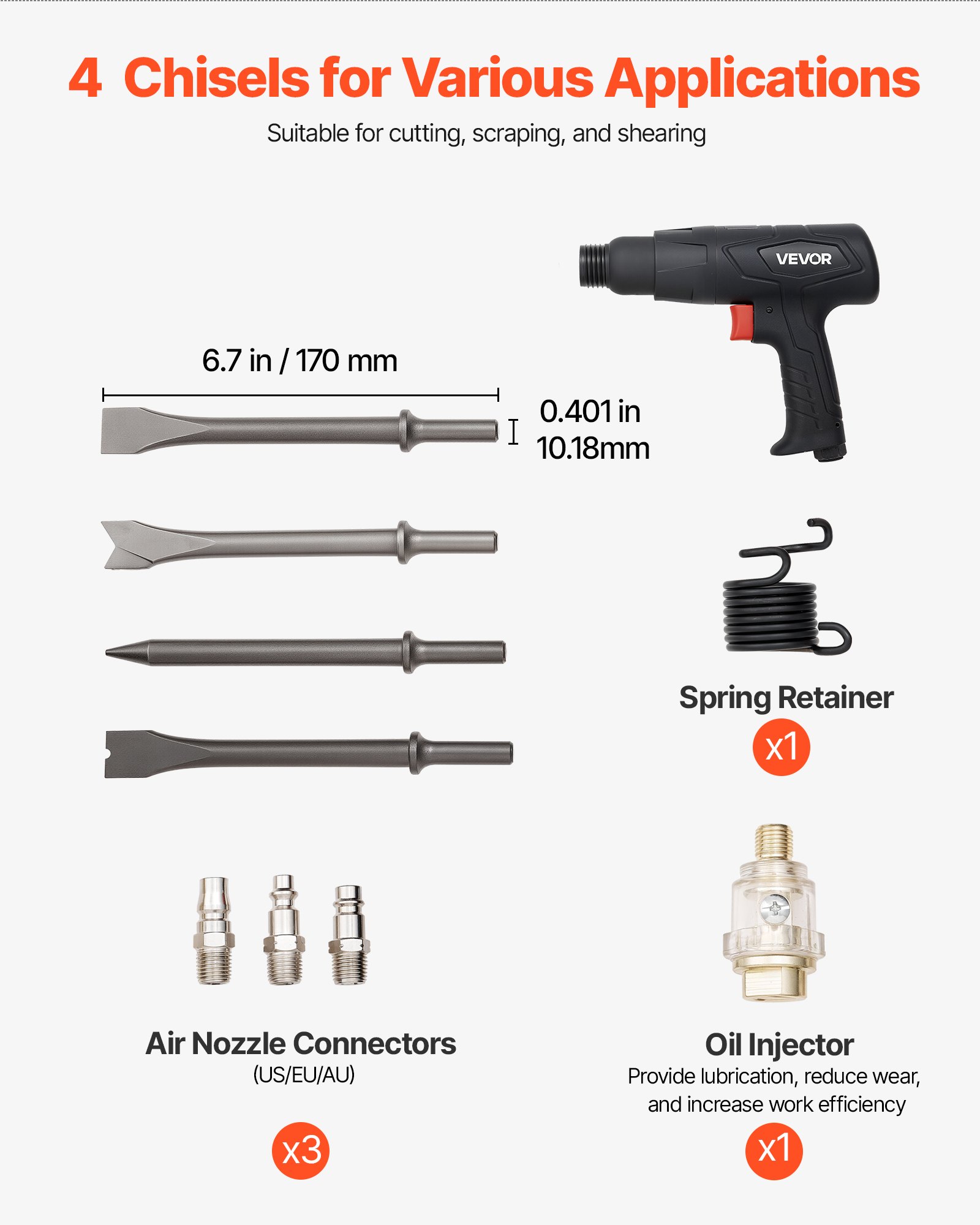 Air Hammer, 2500-2700BPM Pneumatic Hammer with 70mm Stroke & 4PCS 170mm Long Barrel Chisels, Pistol-Grip Compact Air Chisel Pneumatic Shovel Tool for Cutting Scraping Demolishing - Image 4