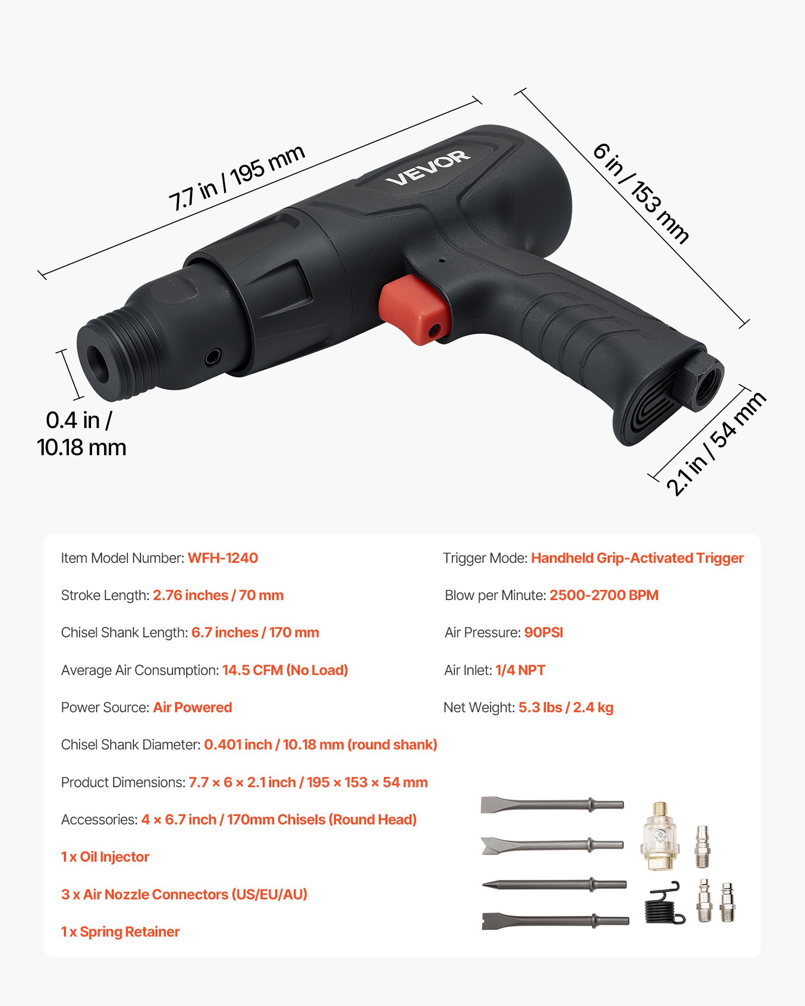 Air Hammer, 2500-2700BPM Pneumatic Hammer with 70mm Stroke & 4PCS 170mm Long Barrel Chisels, Pistol-Grip Compact Air Chisel Pneumatic Shovel Tool for Cutting Scraping Demolishing - Image 7