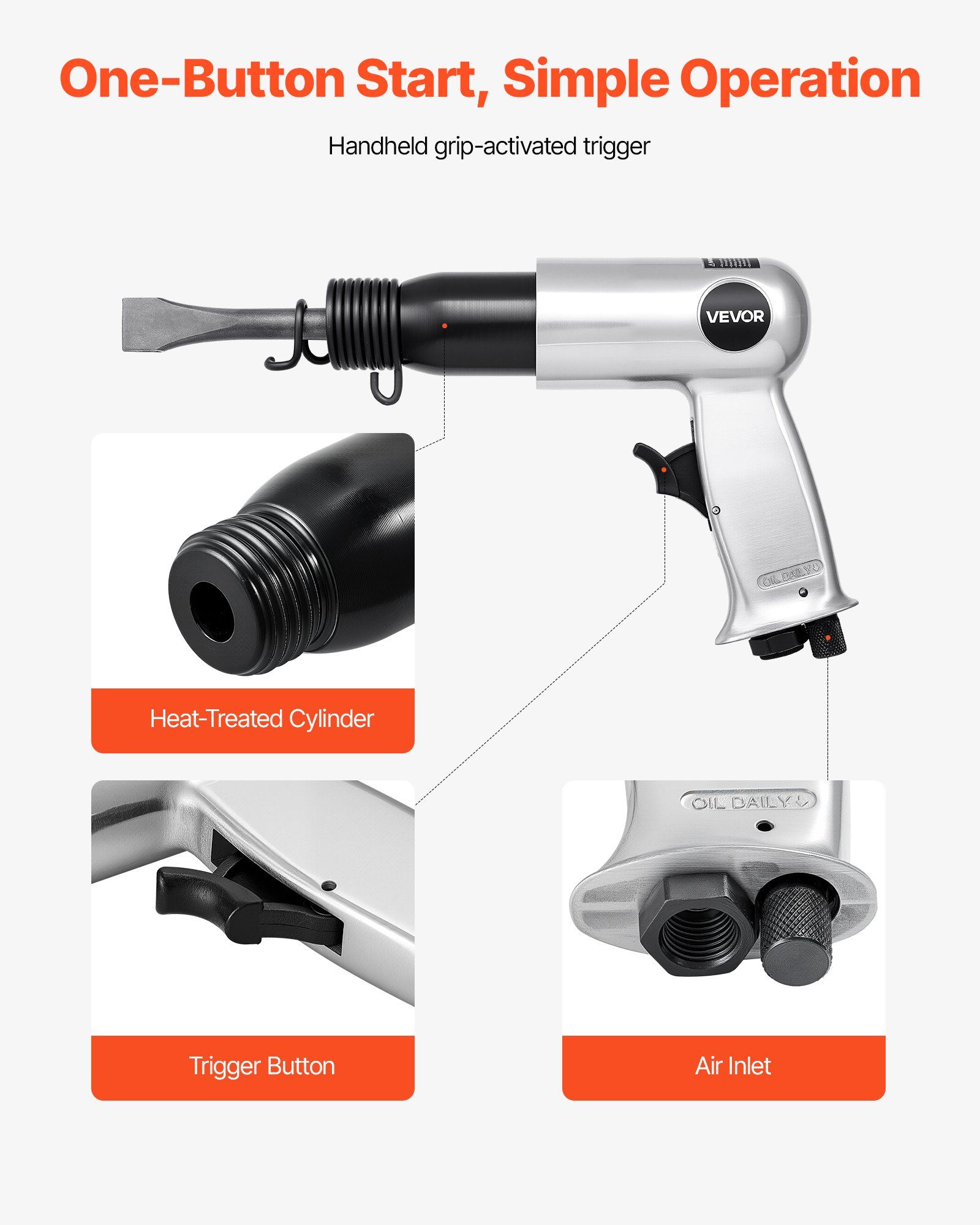 Air Hammer, 3500BPM Pneumatic Hammer with 70mm Stroke & 4PCS Chisels Round Shank, Pistol-Grip Compact Air Chisel Pneumatic Shovel Tool for Cutting Punching Scraping - Image 3