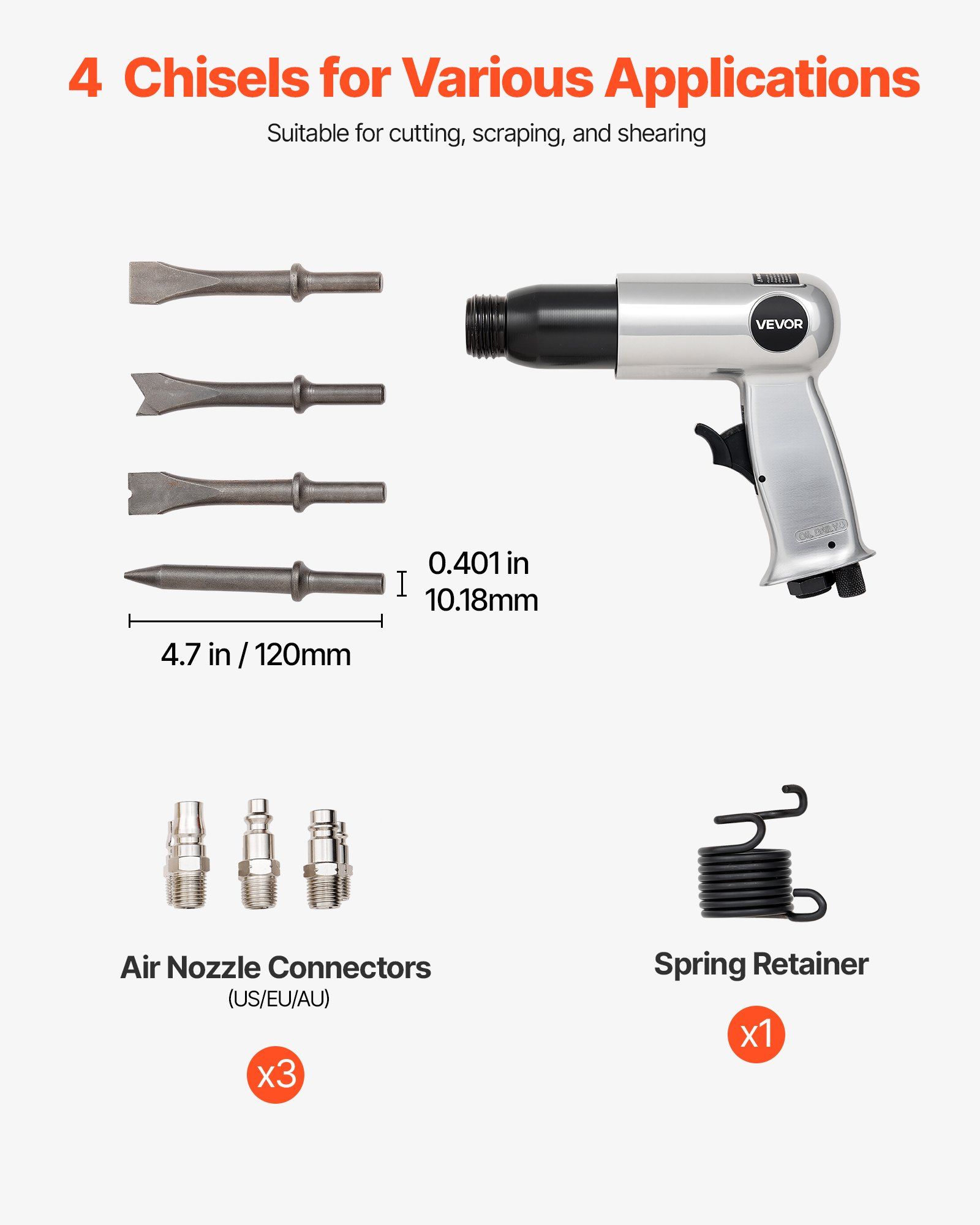 Air Hammer, 3500BPM Pneumatic Hammer with 70mm Stroke & 4PCS Chisels Round Shank, Pistol-Grip Compact Air Chisel Pneumatic Shovel Tool for Cutting Punching Scraping - Image 4