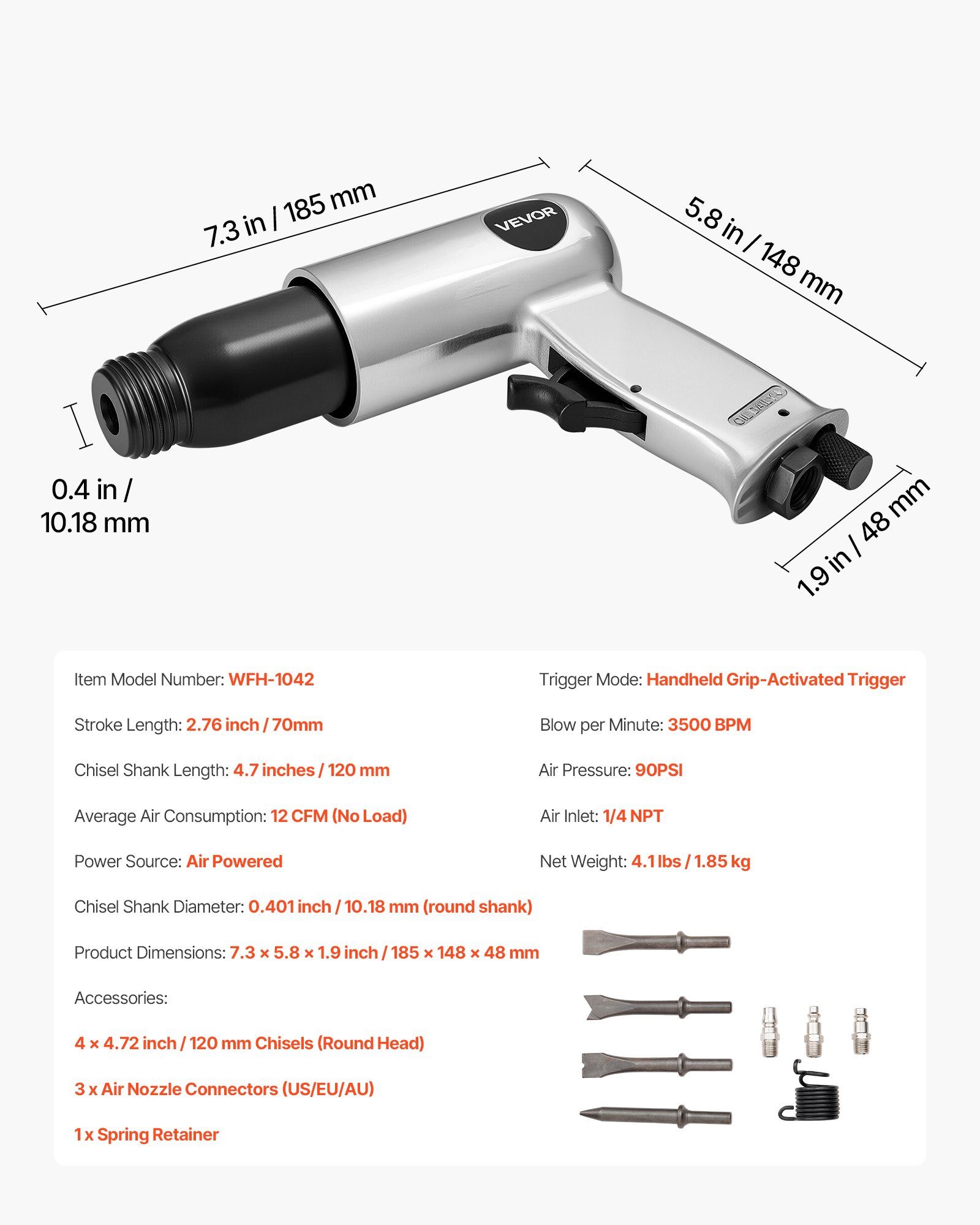 Air Hammer, 3500BPM Pneumatic Hammer with 70mm Stroke & 4PCS Chisels Round Shank, Pistol-Grip Compact Air Chisel Pneumatic Shovel Tool for Cutting Punching Scraping - Image 7