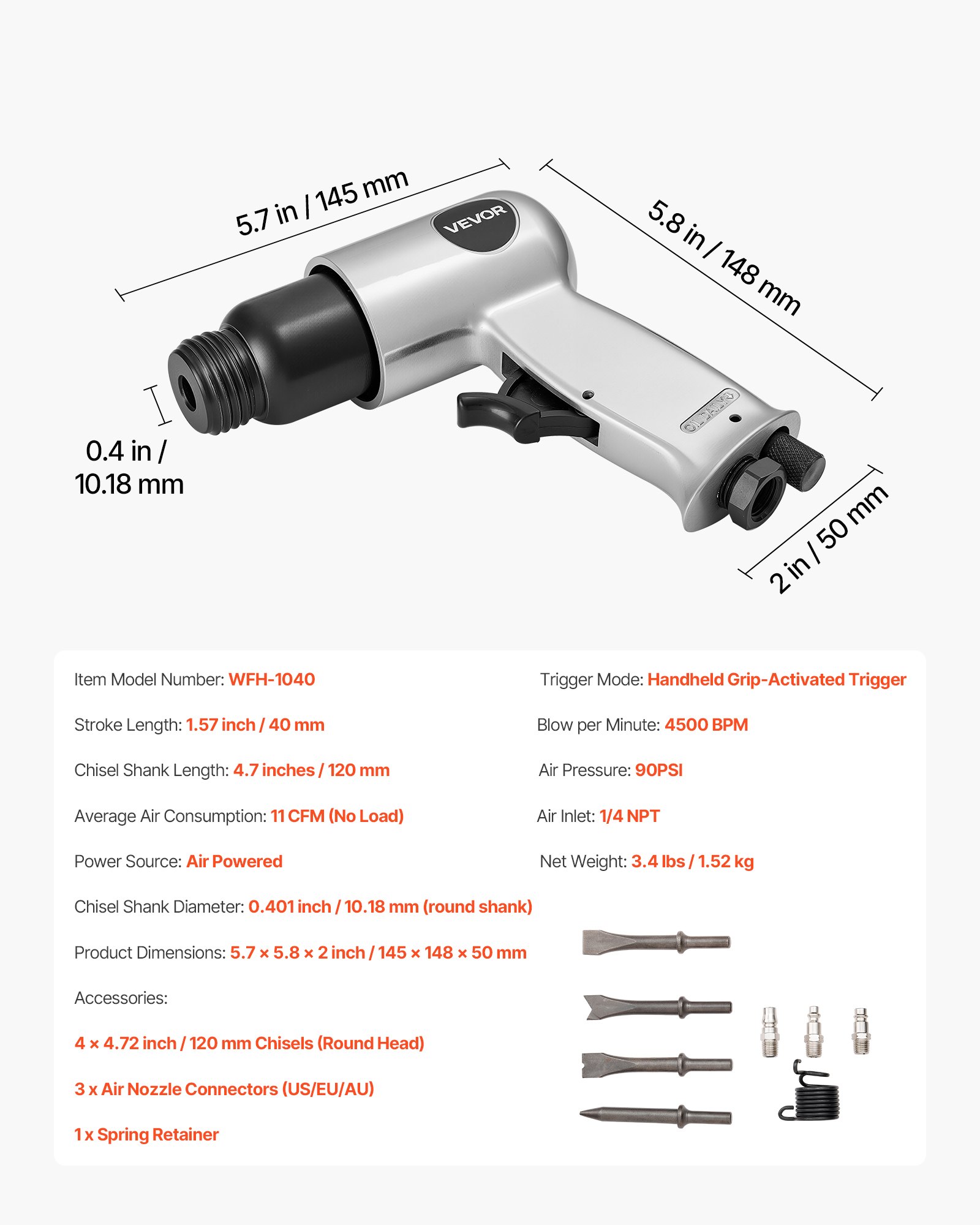 Air Hammer, 4500BPM Pneumatic Hammer with 40mm Stroke & 4PCS Chisels Round Shank, Lightweight & Compact Air Chisel Pneumatic Shovel Tool for Cutting Punching Scraping - Image 7