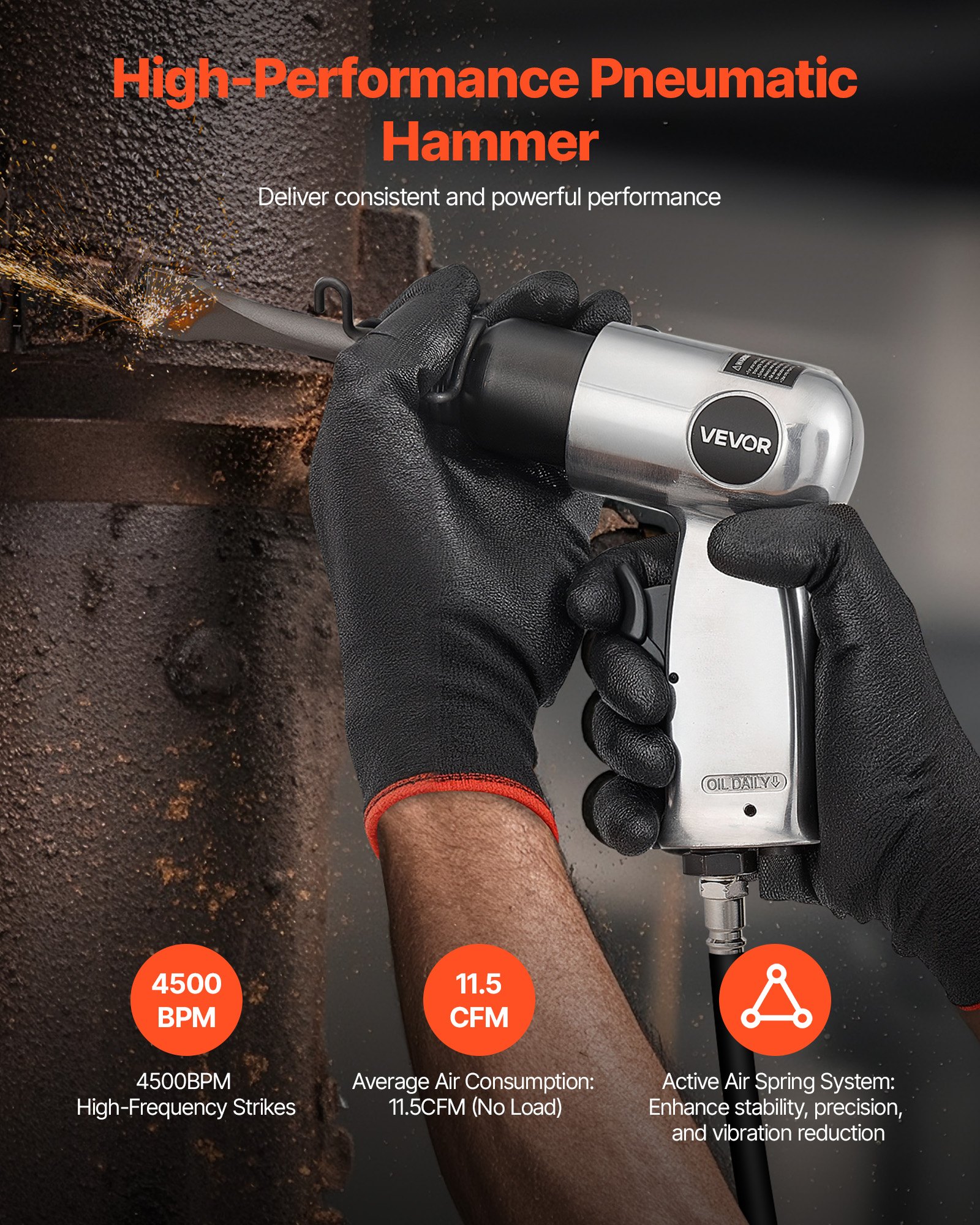 Air Hammer, 4500BPM Pneumatic Hammer with Rust Removal Air Needle Scaler & 4PCS Chisels Round Shank, Lightweight & Compact Air Chisel Pneumatic Shovel Tool for Cutting Scraping Demolishing - Image 3
