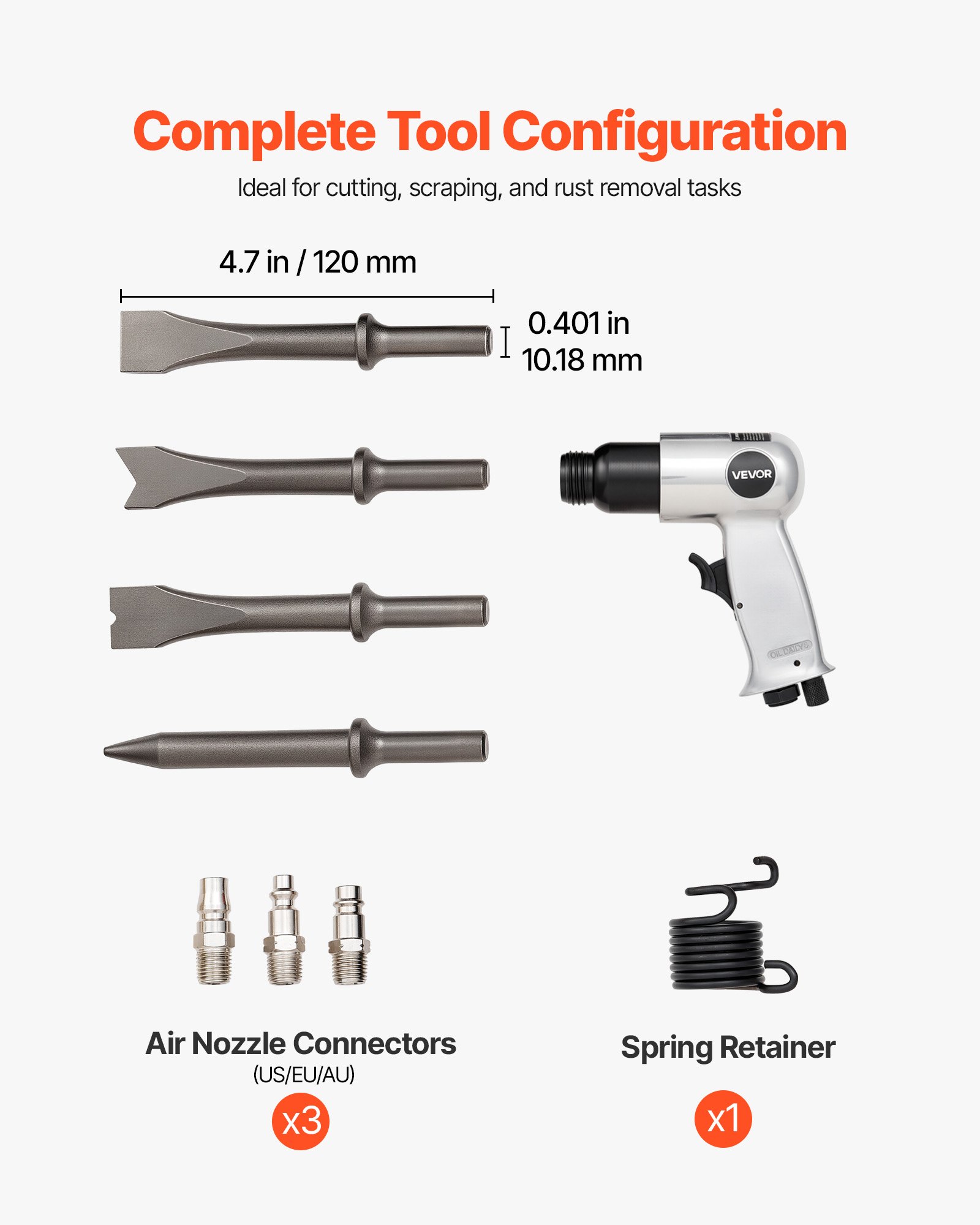 Air Hammer, 4500BPM Pneumatic Hammer with Rust Removal Air Needle Scaler & 4PCS Chisels Round Shank, Lightweight & Compact Air Chisel Pneumatic Shovel Tool for Cutting Scraping Demolishing - Image 5