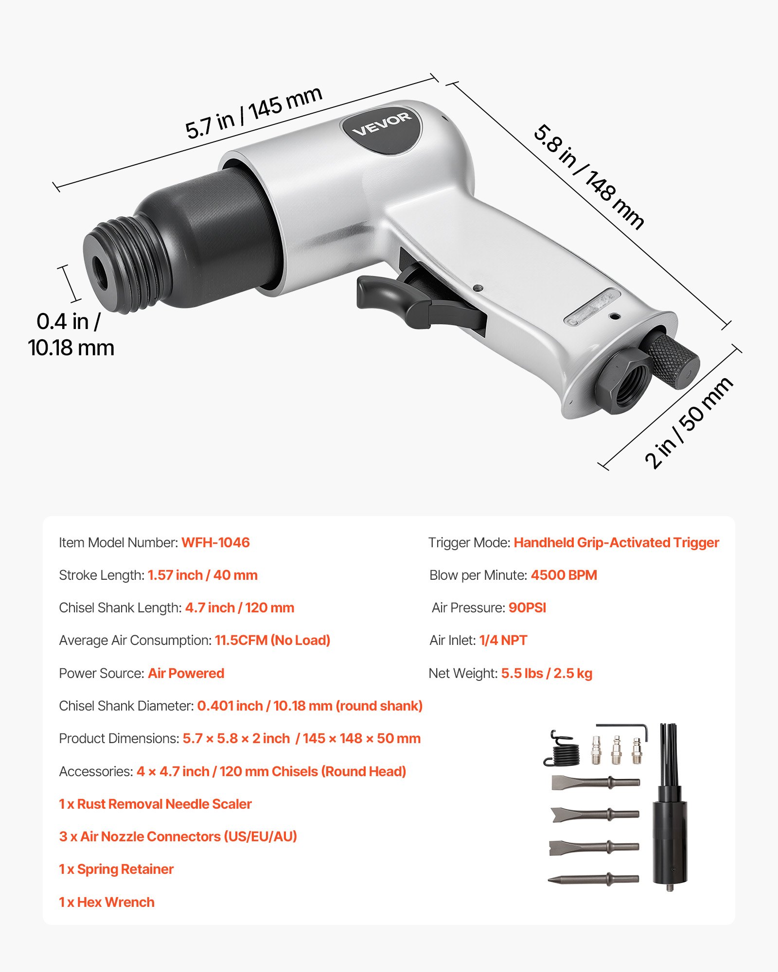 Air Hammer, 4500BPM Pneumatic Hammer with Rust Removal Air Needle Scaler & 4PCS Chisels Round Shank, Lightweight & Compact Air Chisel Pneumatic Shovel Tool for Cutting Scraping Demolishing - Image 7