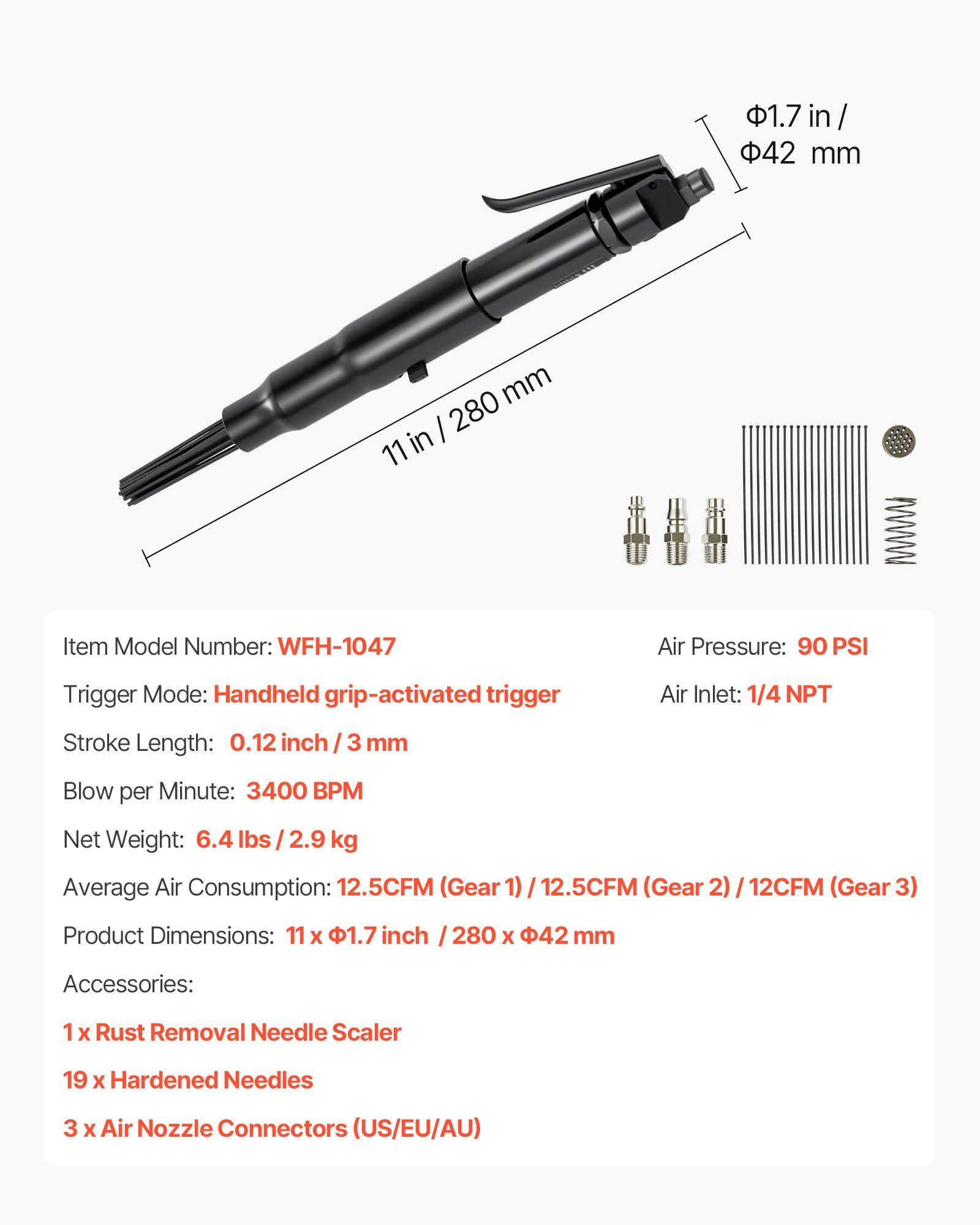 Air Needle Scaler, 3400BPM Pneumatic Scaler for Rust Paint Removal - with 3-Speed Adjustment, 19 Hardened Needles & 3 Air Nozzle Connectors - Lightweight, Compact & Ergonomic Grip - Image 7