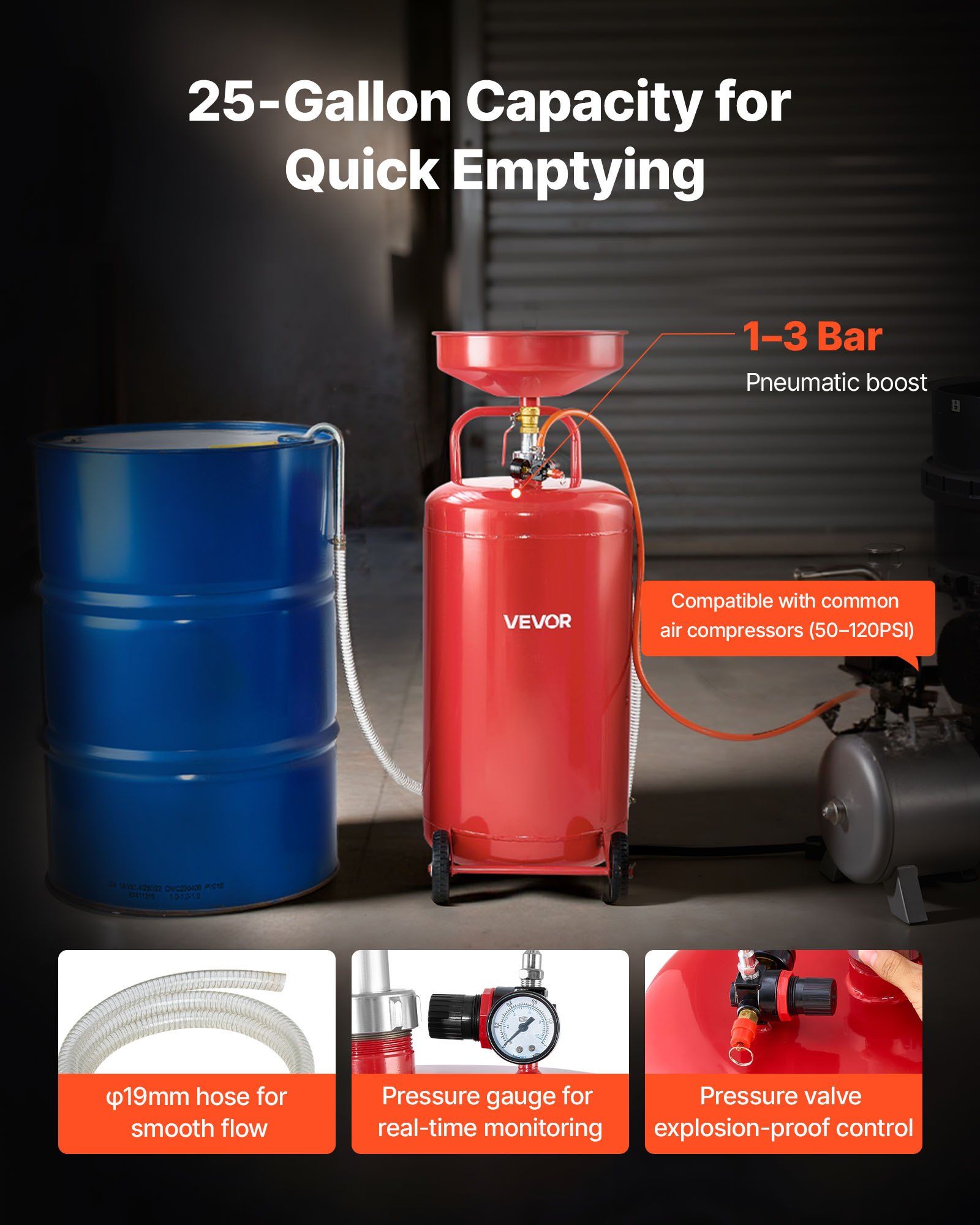 95L Waste Oil Drain Tank, Air Operated Portable Oil Drainer with Adjustable Funnel Height, Industrial Fluid Drain Tank with Wheels, Fluid Fuel Transfer Drainage for Auto Repair Shops, Red - Image 2