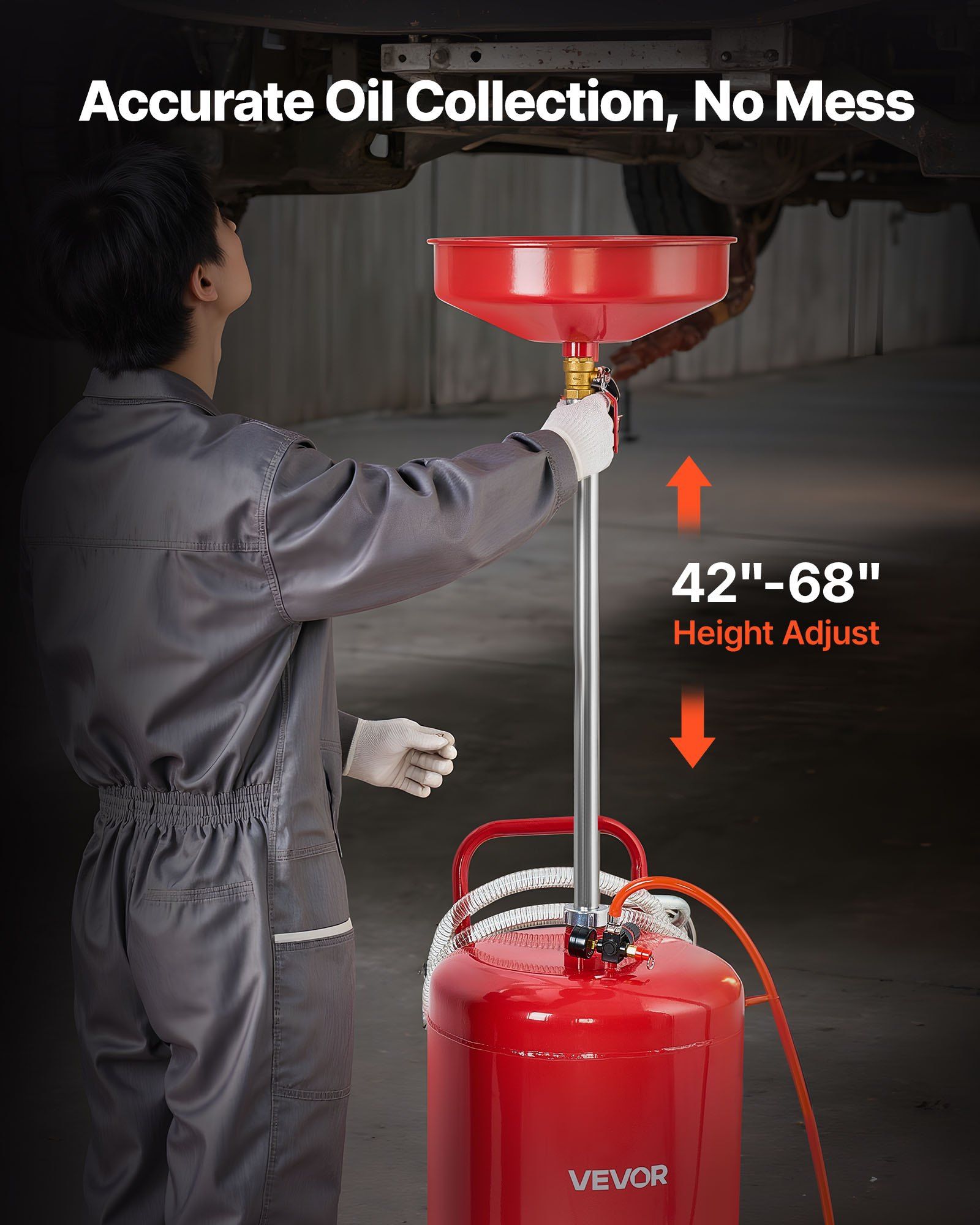 95L Waste Oil Drain Tank, Air Operated Portable Oil Drainer with Adjustable Funnel Height, Industrial Fluid Drain Tank with Wheels, Fluid Fuel Transfer Drainage for Auto Repair Shops, Red - Image 3