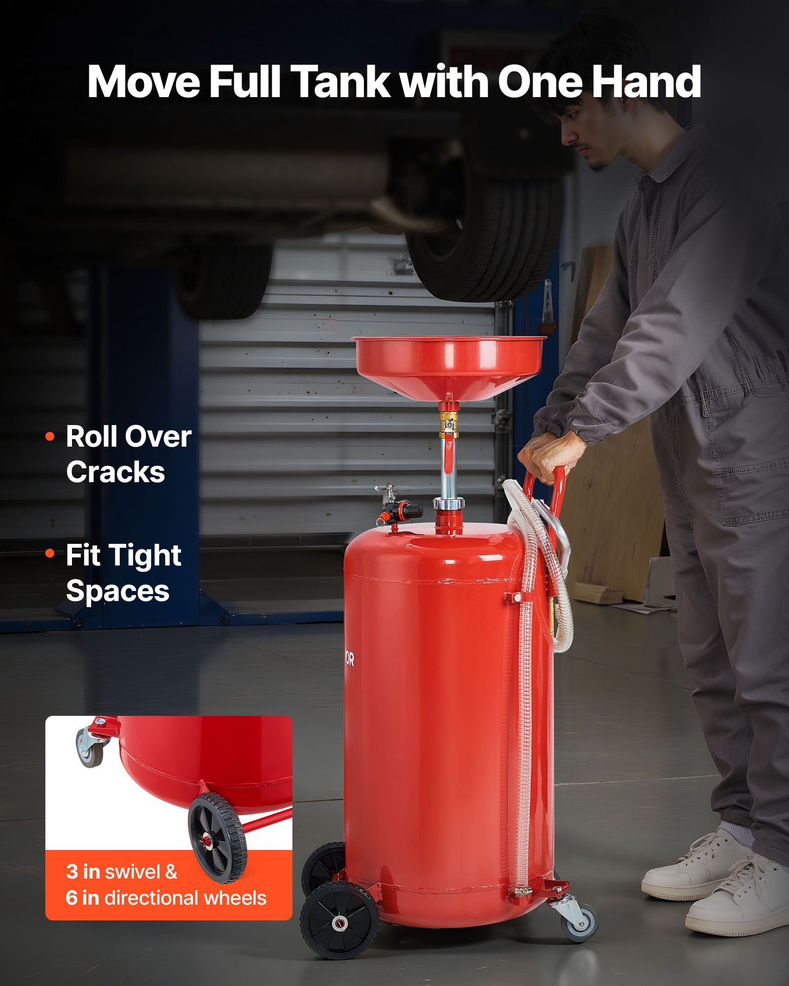 95L Waste Oil Drain Tank, Air Operated Portable Oil Drainer with Adjustable Funnel Height, Industrial Fluid Drain Tank with Wheels, Fluid Fuel Transfer Drainage for Auto Repair Shops, Red - Image 4