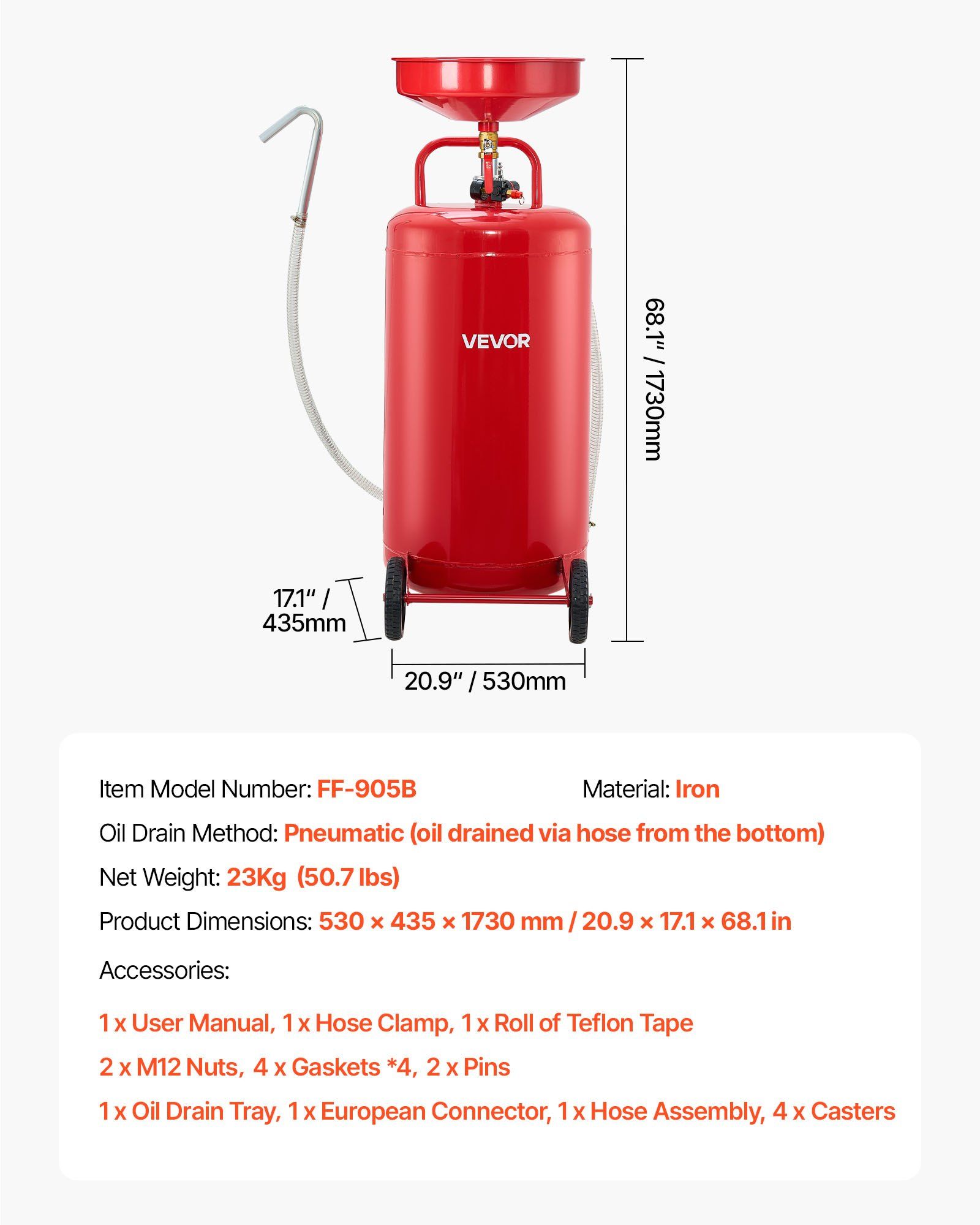 95L Waste Oil Drain Tank, Air Operated Portable Oil Drainer with Adjustable Funnel Height, Industrial Fluid Drain Tank with Wheels, Fluid Fuel Transfer Drainage for Auto Repair Shops, Red - Image 7