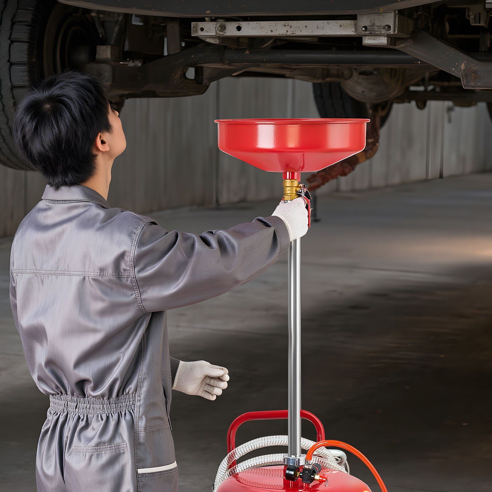 95L Waste Oil Drain Tank, Air Operated Portable Oil Drainer with Adjustable Funnel Height, Industrial Fluid Drain Tank with Wheels, Fluid Fuel Transfer Drainage for Auto Repair Shops, Red - Image 8