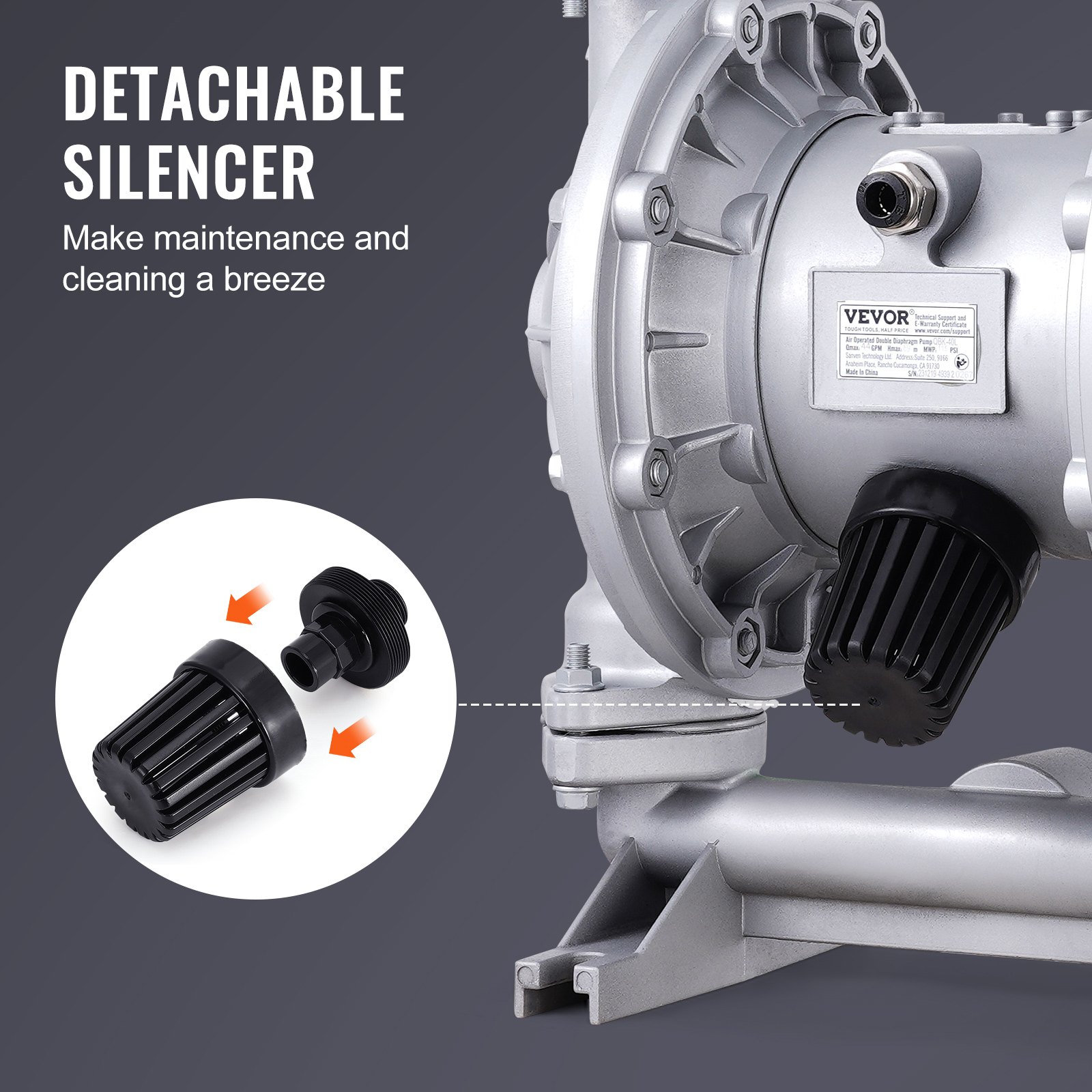 Air Operated Double Diaphragm Pump, 44GPM, Max 115PSI Air Waste Oil Pneumatic Transfer Pump with 2 Extra Diaphragms, 3.8cm Inlet & Outlet Aluminum Alloy Diaphragm Pump for Diesel Grease Oil - Image 5