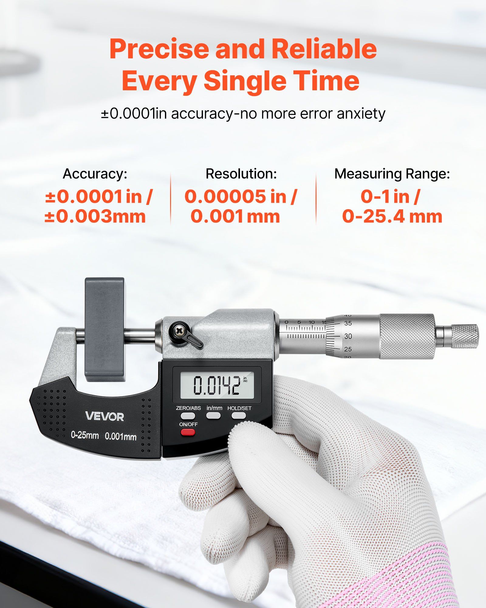 Micrometer Set, Digital Outside Micrometer 0-25.4 mm Measuring Range, 0.001 mm Resolution, Ultra-Precision Accuracy, LCD Screen, in/mm Switch, Carbide Tip, with Protective Case - Image 2
