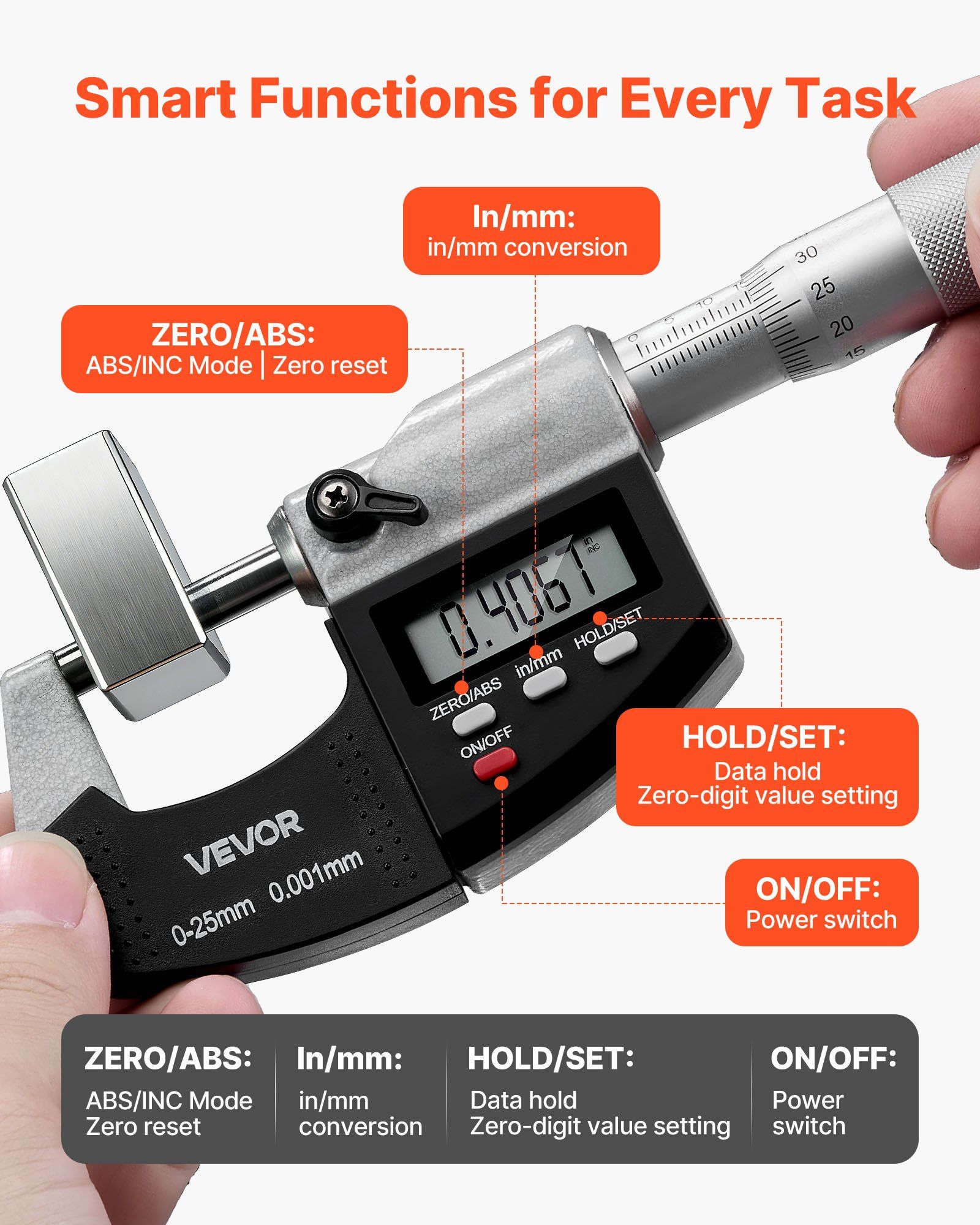 Micrometer Set, Digital Outside Micrometer 0-25.4 mm Measuring Range, 0.001 mm Resolution, Ultra-Precision Accuracy, LCD Screen, in/mm Switch, Carbide Tip, with Protective Case - Image 4