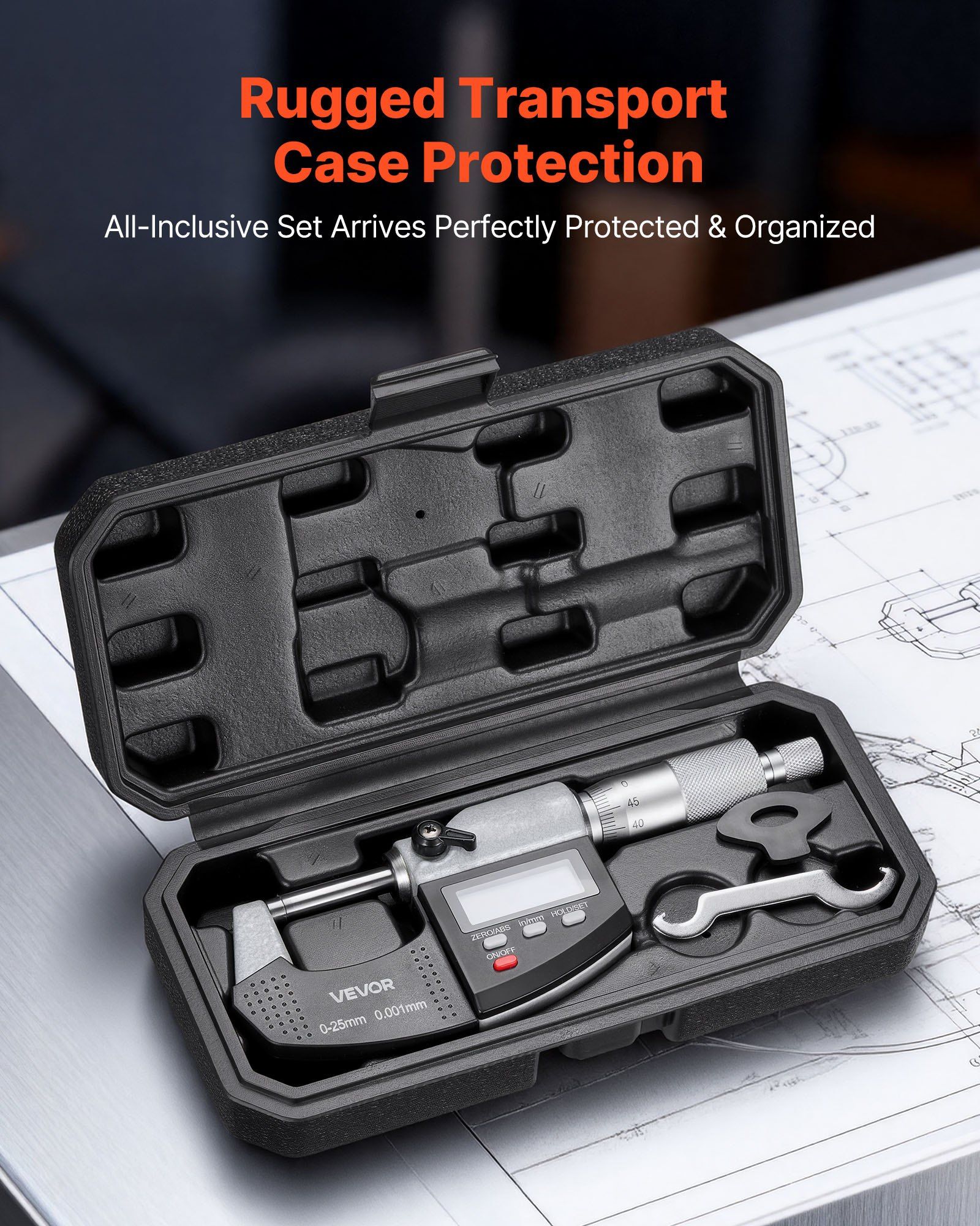 Micrometer Set, Digital Outside Micrometer 0-25.4 mm Measuring Range, 0.001 mm Resolution, Ultra-Precision Accuracy, LCD Screen, in/mm Switch, Carbide Tip, with Protective Case - Image 6