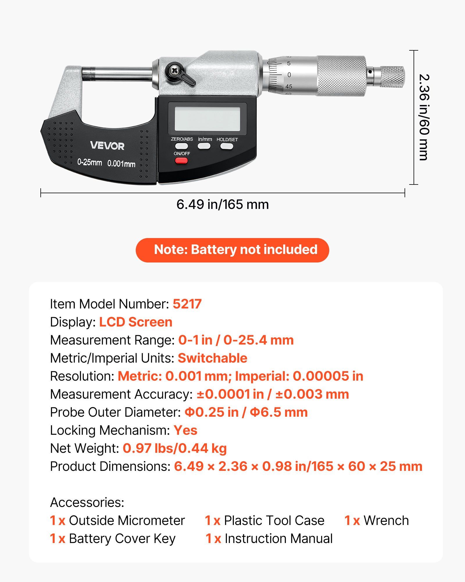Micrometer Set, Digital Outside Micrometer 0-25.4 mm Measuring Range, 0.001 mm Resolution, Ultra-Precision Accuracy, LCD Screen, in/mm Switch, Carbide Tip, with Protective Case - Image 7