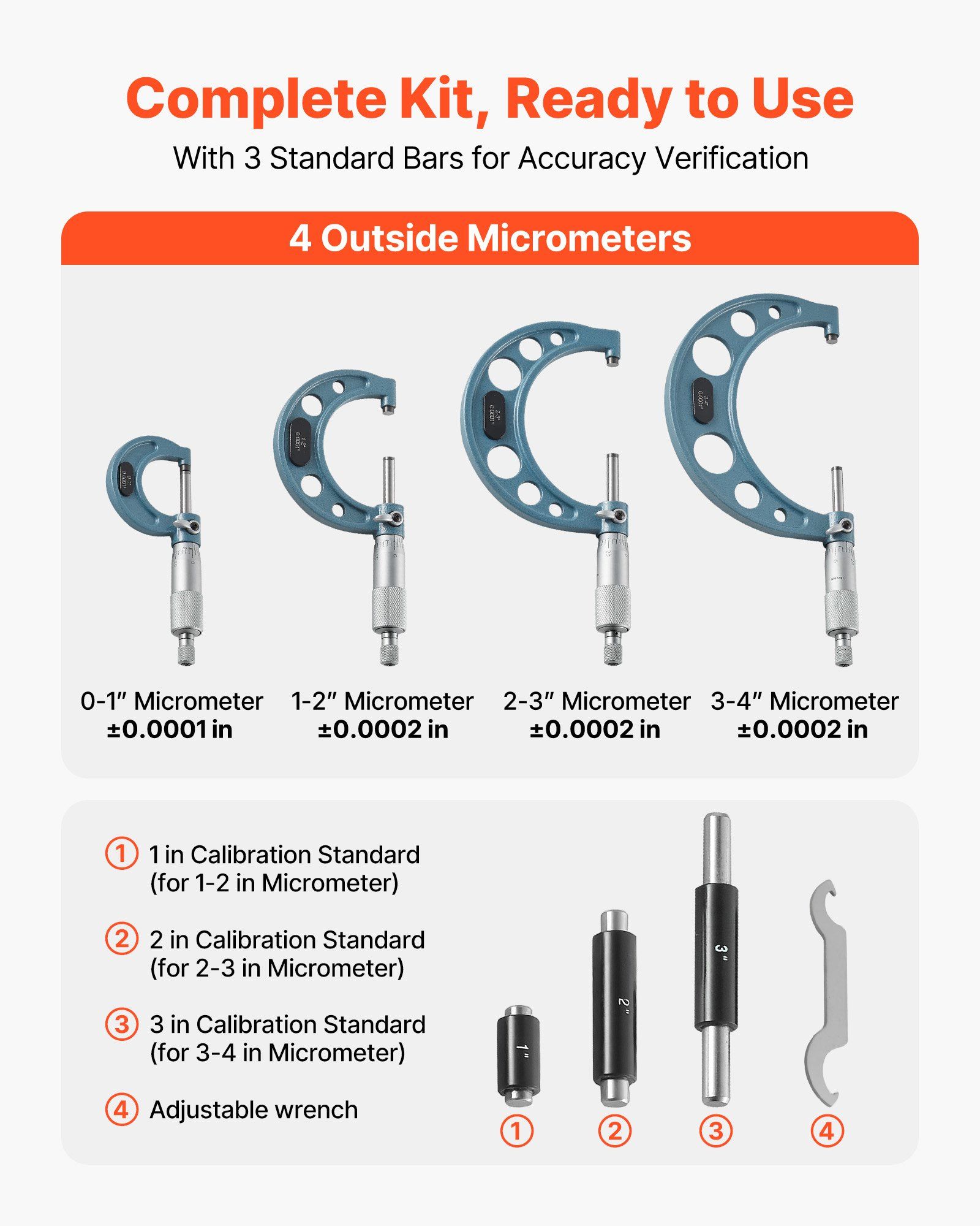 4 PCS Micrometer Set, 0–1/1–2/2–3/3–4 in Machinist Outside Micrometer, Ultra-Precision Accuracy, Professional Machinist Tools with Protective Case, for Metalworking & Engineering - Image 2