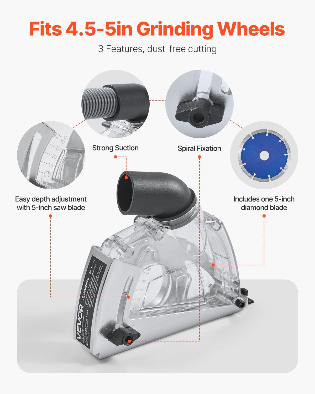 Cutting Dust Shroud for Angle Grinders, 100-125 mm Angle Grinder Dust Shroud with 6 Clamping Washers & 125 mm Diamond Grinding Cup Wheel, Adjustable Cutting Depth, Connect to Vacuum Cleaner - Image 2