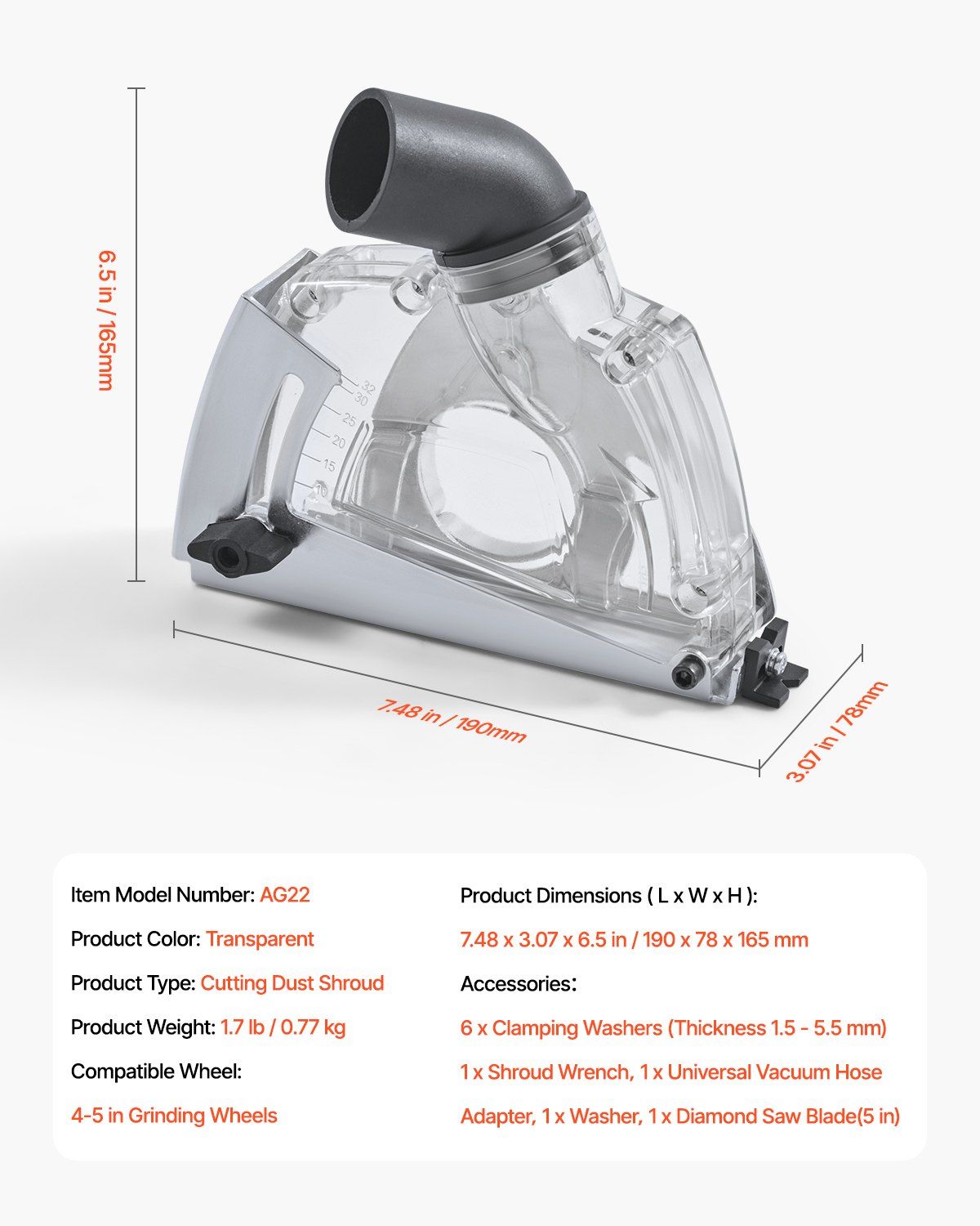 Cutting Dust Shroud for Angle Grinders, 100-125 mm Angle Grinder Dust Shroud with 6 Clamping Washers & 125 mm Diamond Grinding Cup Wheel, Adjustable Cutting Depth, Connect to Vacuum Cleaner - Image 7