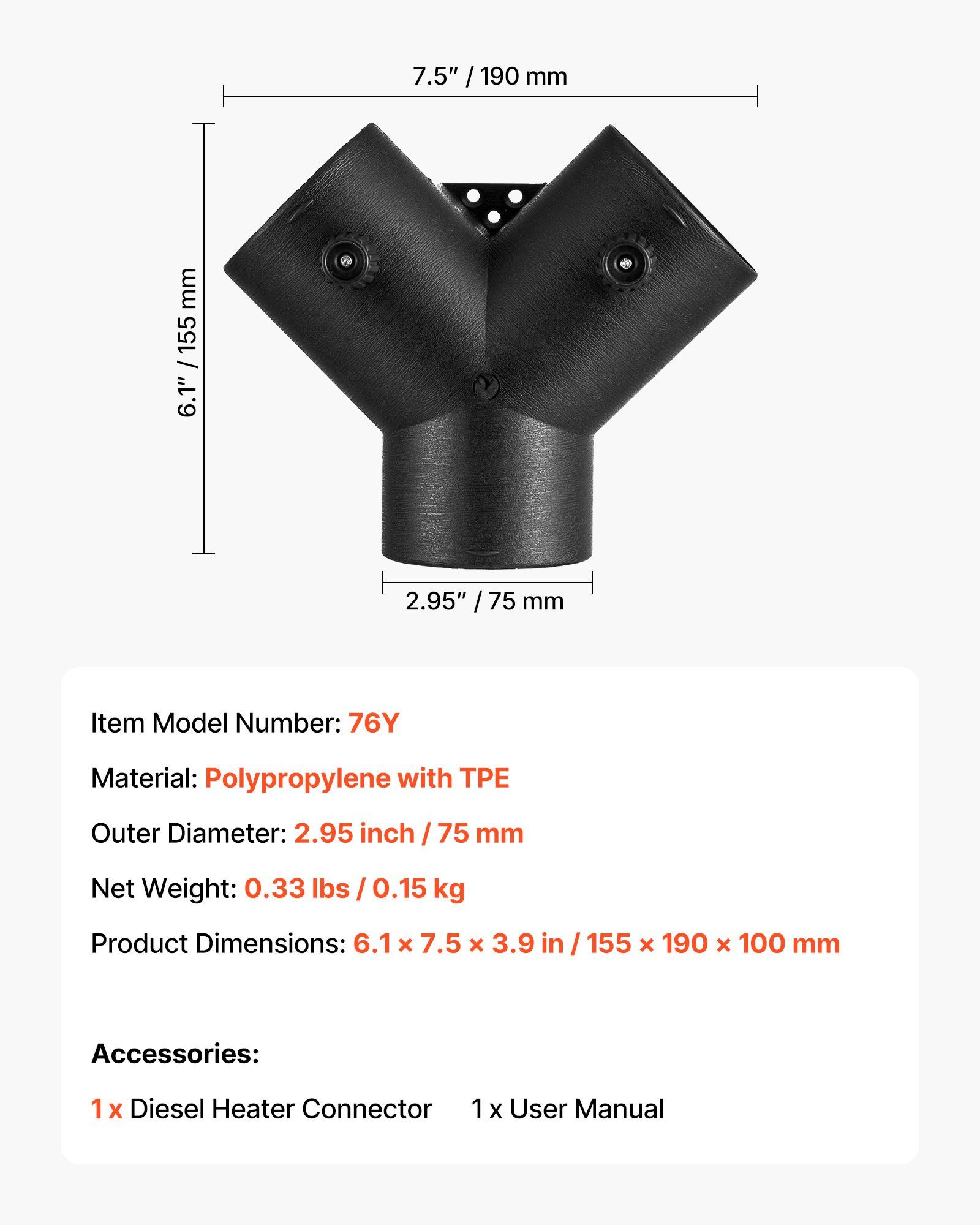 Diesel Heater Connector, 75mm Diesel Heater Duct Connector Accessories, 3-Way Y Branch Diesels Heaters Air Vent Duct with 2 90° Rotatable Valves, Black Joint Connectors for 2KW 5KW 8KW Heaters - Image 7