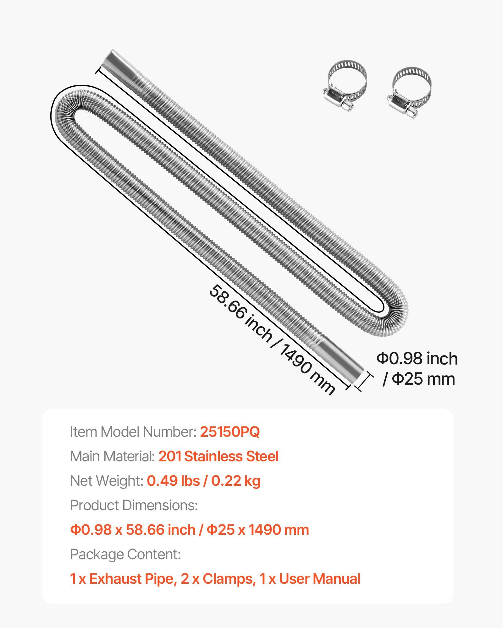 Exhaust Hose, 1490mm Stainless Steel Exhausts Hose, Diesel Heater Flexible Exhaust Pipe with 2 Hose Clamps, Exhausts Hoses Kit Diesel Heater Accessories for 2KW 5KW 8KW Diesels Heaters - Image 7