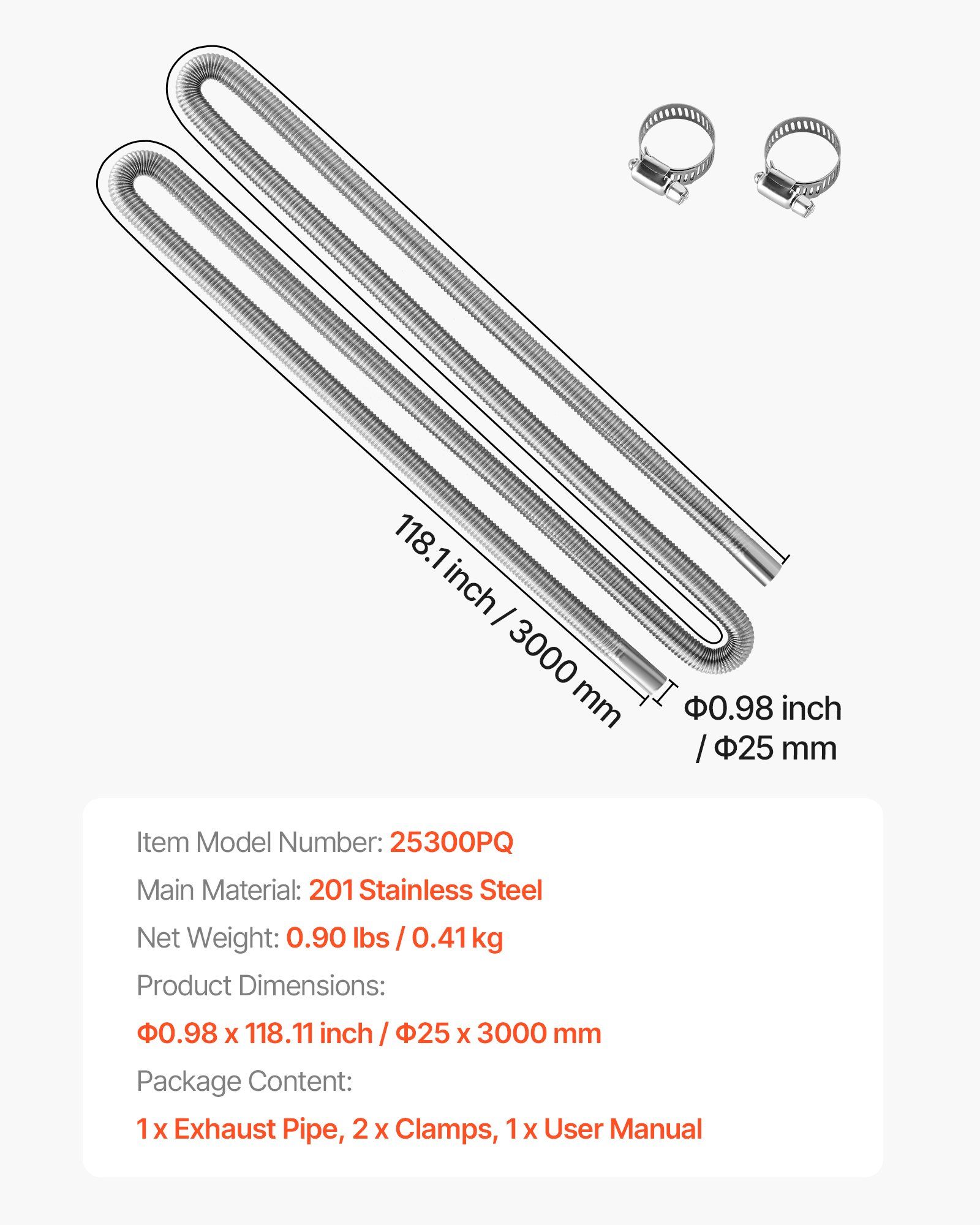 Exhaust Hose, 3000mm Stainless Steel Exhausts Hose, Diesel Heater Flexible Exhaust Pipe with 2 Hose Clamps, Exhausts Hoses Kit Diesel Heater Accessories for 2KW 5KW 8KW Diesels Heaters - Image 7