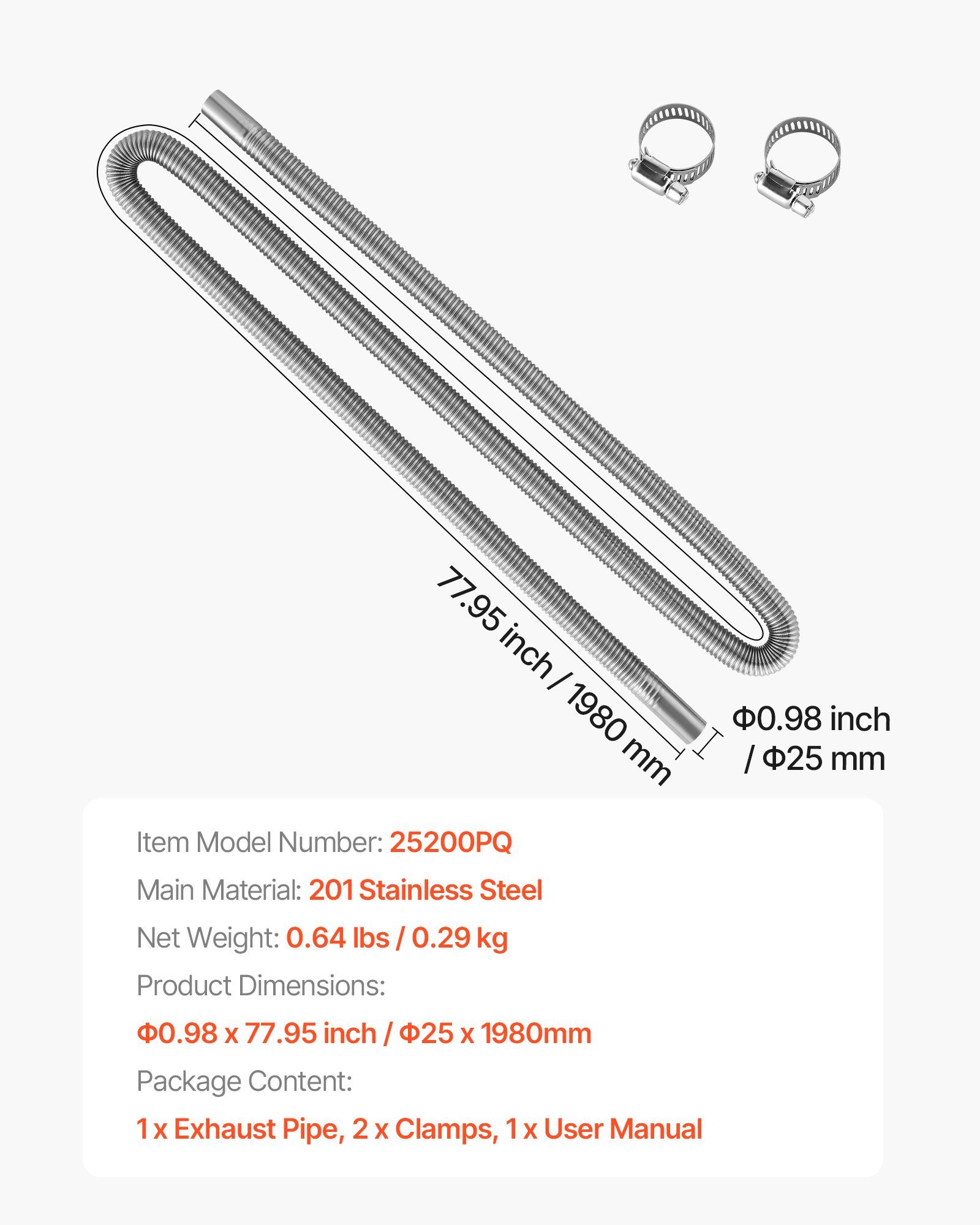 Exhaust Hose, 1980mm Stainless Steel Exhausts Hose, Diesel Heater Flexible Exhaust Pipe with 2 Hose Clamps, Exhausts Hoses Kit Diesel Heater Accessories for 2KW 5KW 8KW Diesels Heaters - Image 7