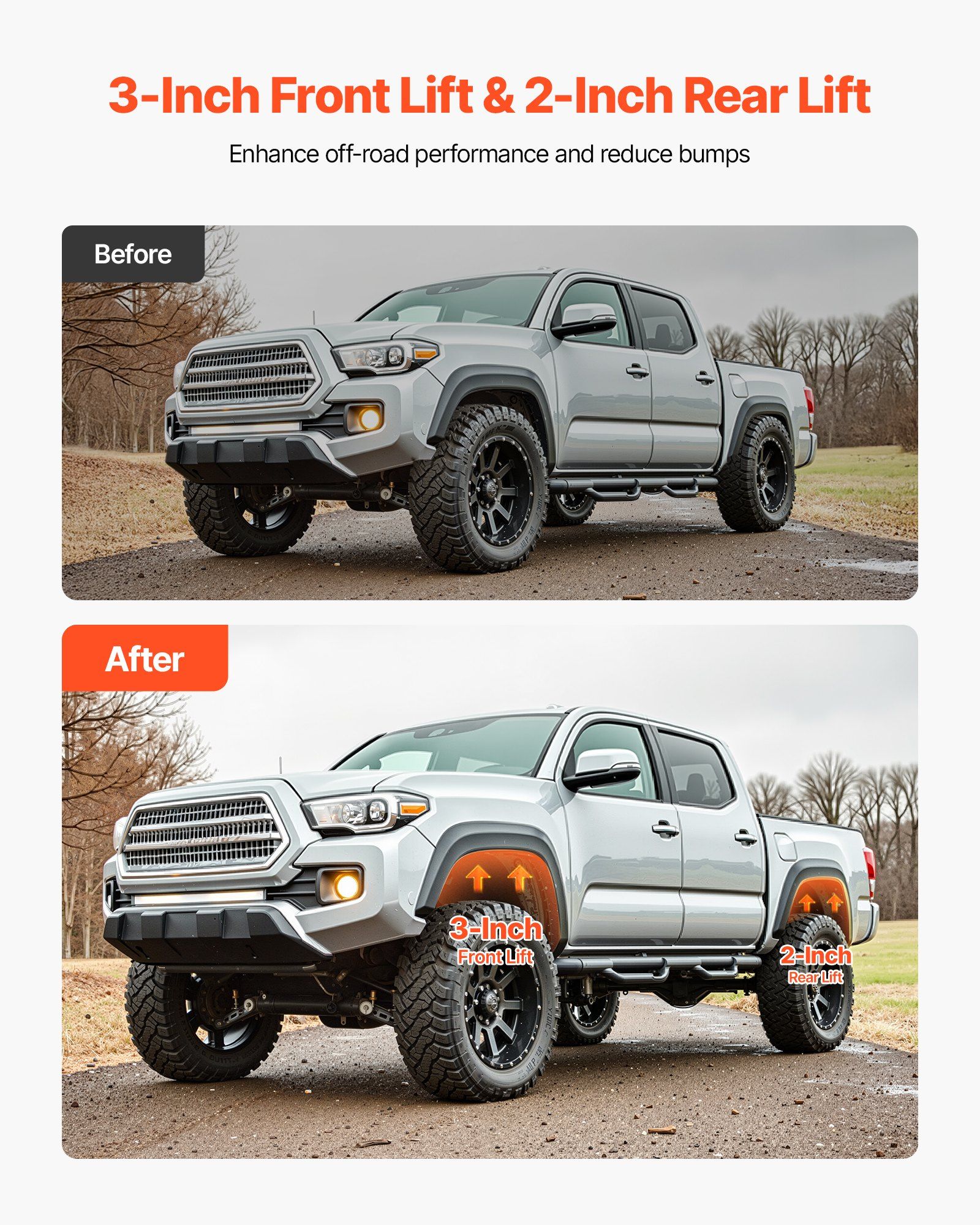 76.2 mm Front and 50.8 mm Rear Leveling Lift Kit for 2005-2021 2022 2023 Toyota Tacoma 2WD/4WD, Chassis Level Kit with 2 Front Strut Spacers, 2 Rear Lift Blocks, 4 U-Bolts, Suspension Level Kit - Image 2