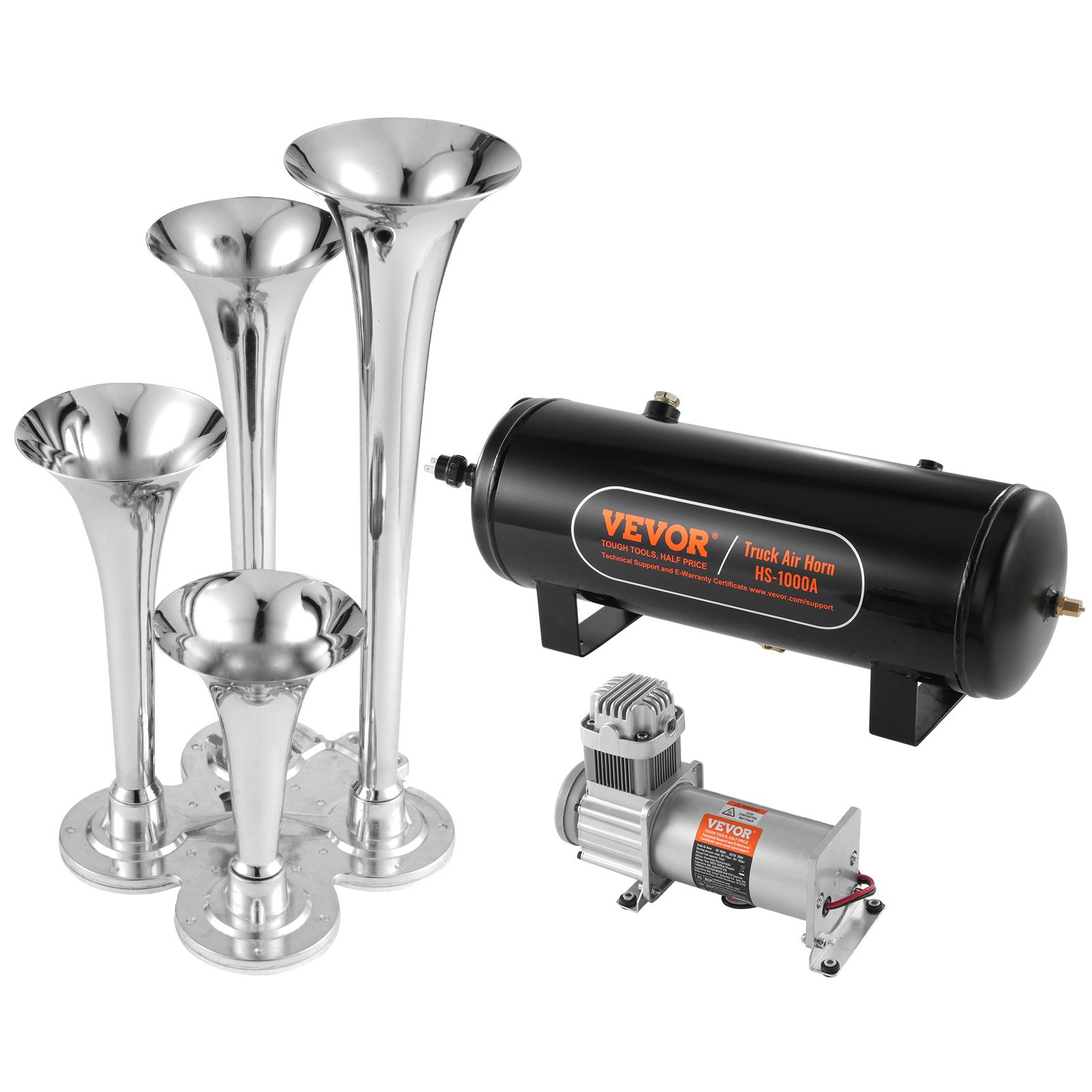 Train Horns Kit, 4 Trumpet Air Horn Kit, 150dB Train Horns for Pickup Trucks, 12V 160 psi Air Compressor 2.6 Gal/10 L Tank with Gauge for Any 12V Vehicle Car Truck Train Van Boat - Image 1