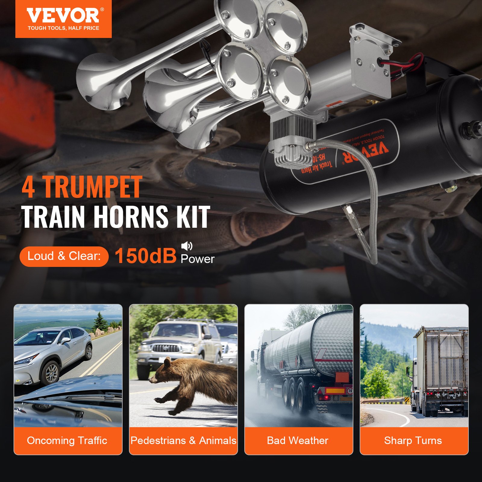 Train Horns Kit, 4 Trumpet Air Horn Kit, 150dB Train Horns for Pickup Trucks, 12V 160 psi Air Compressor 2.6 Gal/10 L Tank with Gauge for Any 12V Vehicle Car Truck Train Van Boat - Image 2