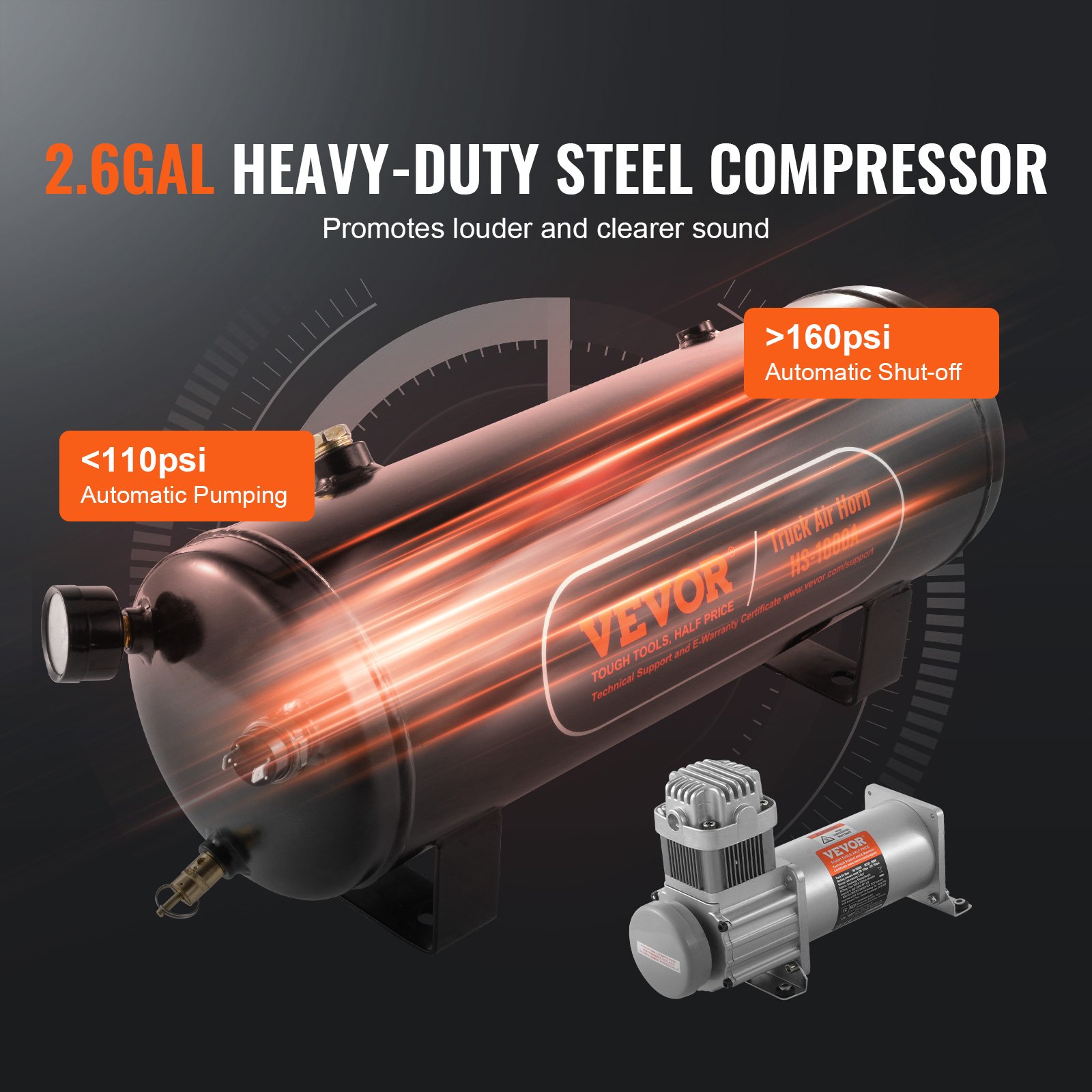 Train Horns Kit, 4 Trumpet Air Horn Kit, 150dB Train Horns for Pickup Trucks, 12V 160 psi Air Compressor 2.6 Gal/10 L Tank with Gauge for Any 12V Vehicle Car Truck Train Van Boat - Image 3