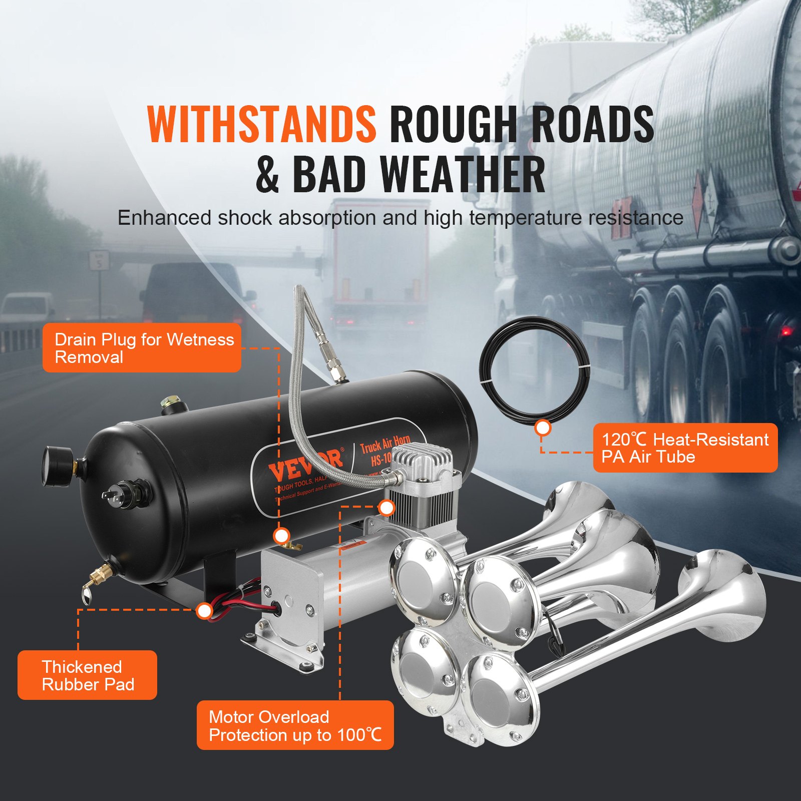 Train Horns Kit, 4 Trumpet Air Horn Kit, 150dB Train Horns for Pickup Trucks, 12V 160 psi Air Compressor 2.6 Gal/10 L Tank with Gauge for Any 12V Vehicle Car Truck Train Van Boat - Image 4