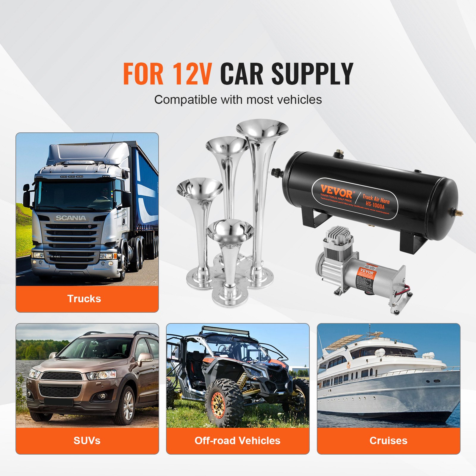 Train Horns Kit, 4 Trumpet Air Horn Kit, 150dB Train Horns for Pickup Trucks, 12V 160 psi Air Compressor 2.6 Gal/10 L Tank with Gauge for Any 12V Vehicle Car Truck Train Van Boat - Image 6