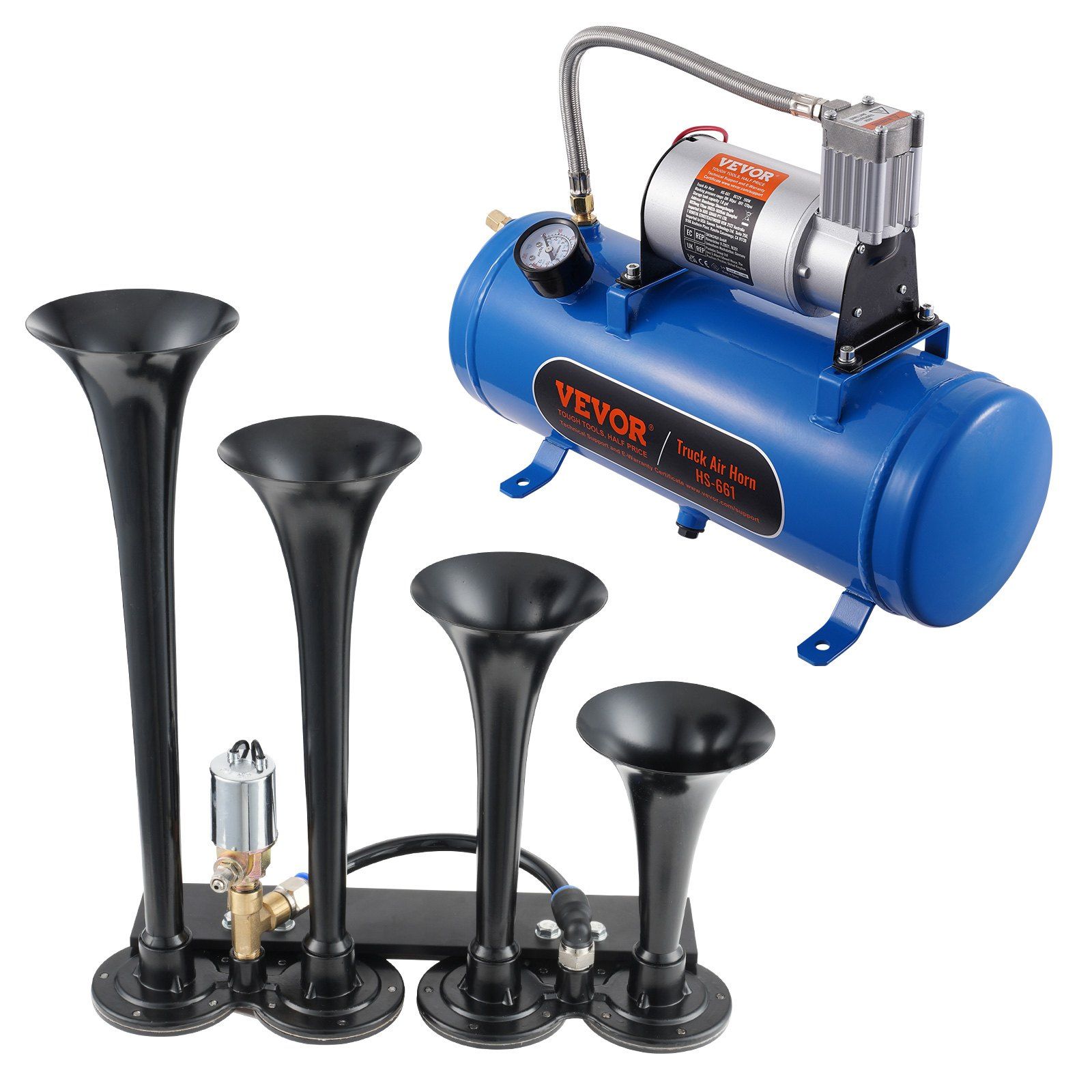 Train Horns Kit, 4 Trumpet Air Horn Kit, 150dB Train Horns for Pickup Trucks, 12V 120 psi Air Compressor 1.6 Gal/6 L Tank with Gauge for Any 12V Vehicle Car Truck Train Van Boat - Image 1