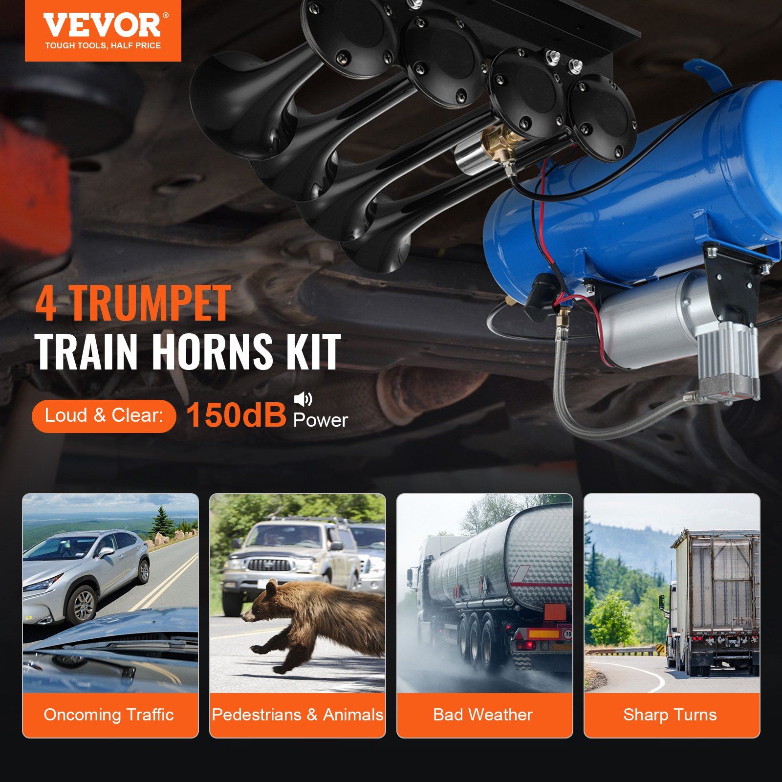 Train Horns Kit, 4 Trumpet Air Horn Kit, 150dB Train Horns for Pickup Trucks, 12V 120 psi Air Compressor 1.6 Gal/6 L Tank with Gauge for Any 12V Vehicle Car Truck Train Van Boat - Image 2