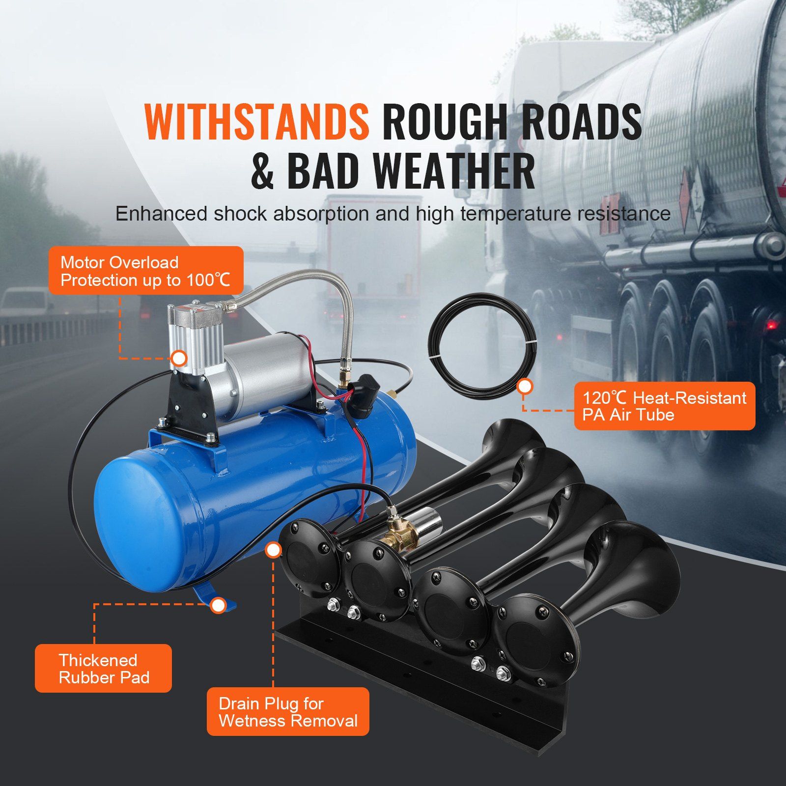 Train Horns Kit, 4 Trumpet Air Horn Kit, 150dB Train Horns for Pickup Trucks, 12V 120 psi Air Compressor 1.6 Gal/6 L Tank with Gauge for Any 12V Vehicle Car Truck Train Van Boat - Image 4