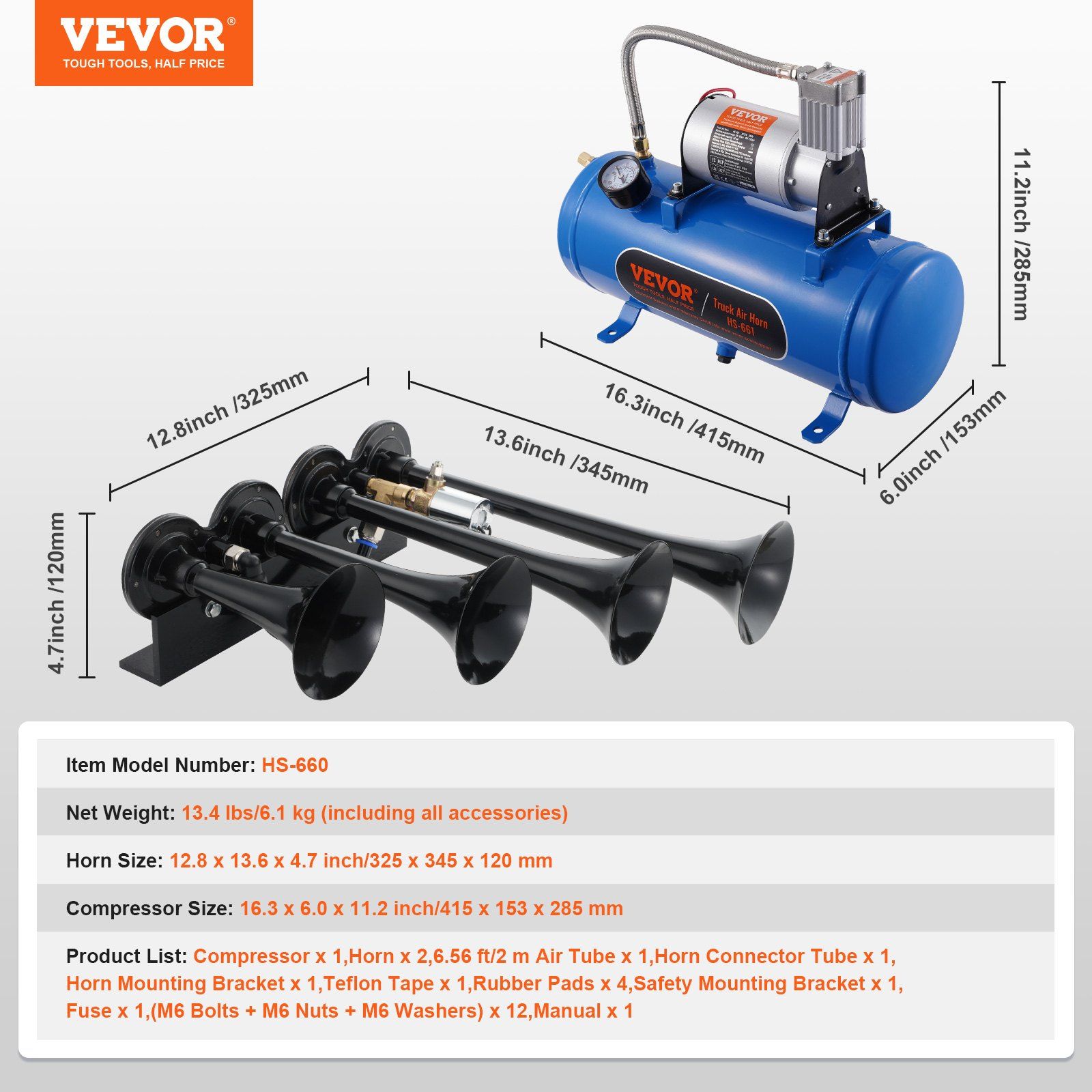 Train Horns Kit, 4 Trumpet Air Horn Kit, 150dB Train Horns for Pickup Trucks, 12V 120 psi Air Compressor 1.6 Gal/6 L Tank with Gauge for Any 12V Vehicle Car Truck Train Van Boat - Image 7