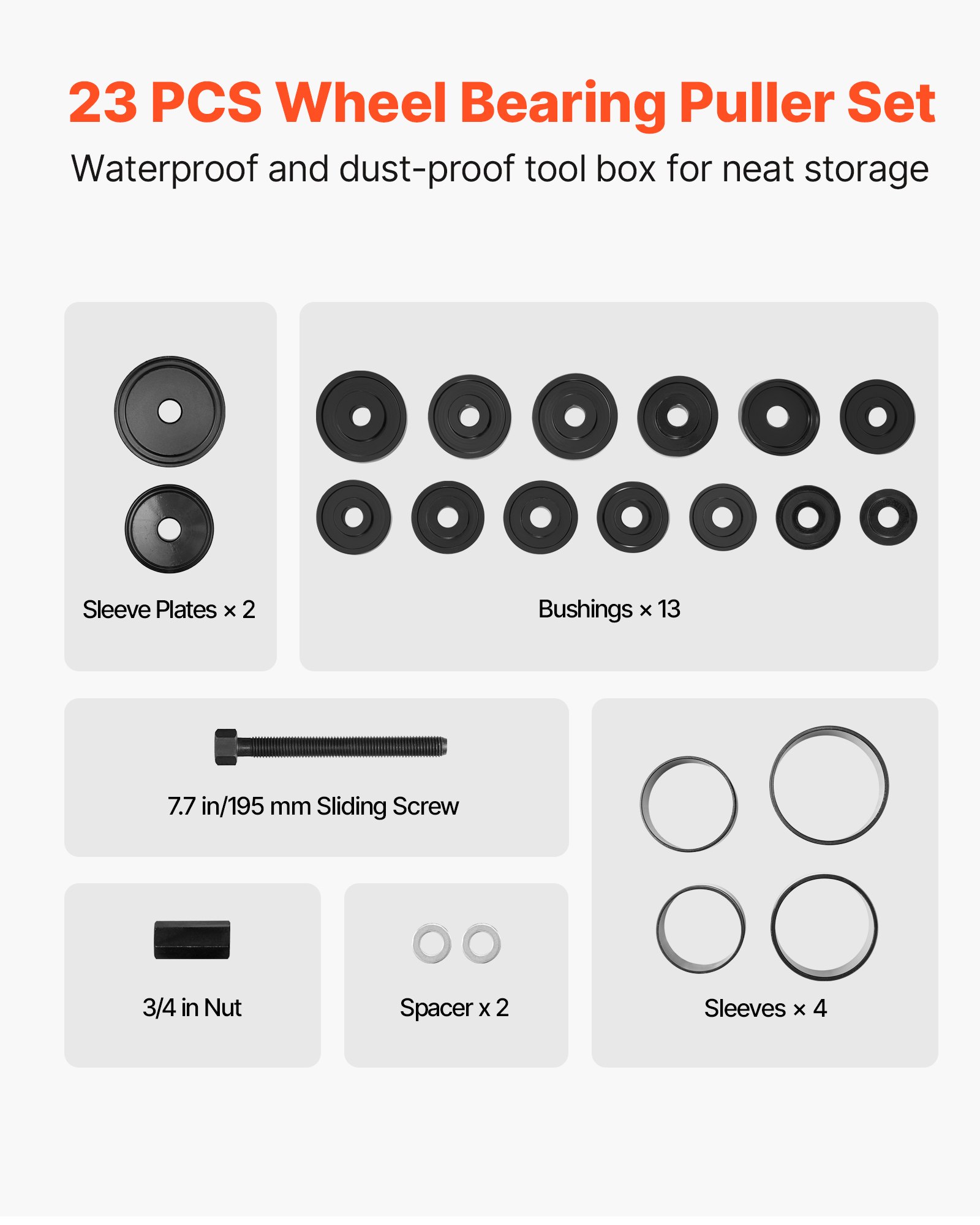 Wheel Bearing Press Kit, 23 PCS FWD Bearing Puller Tools, for Front Wheel Drive Bearing Removal and Installation, Wheel Bearing Tool with Sliding Screw, Bushings, Sleeve Plates, Storage Case - Image 7