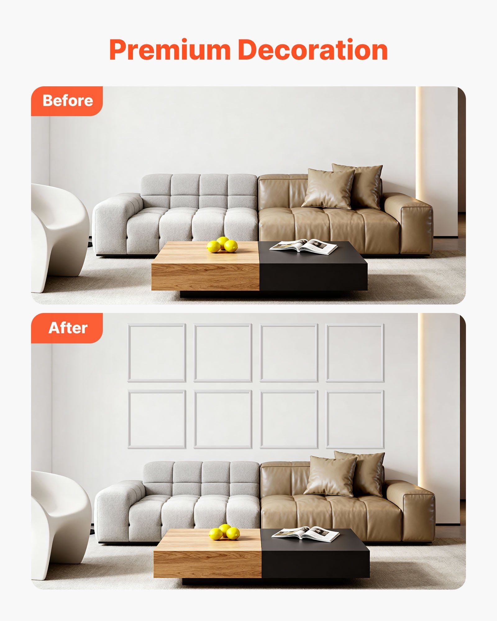 Wall Molding 12 Pack, 51 x 51 cm Wainscoting Panels Kit, Lightweight Paintable Polystyrene, Easy to Install, Waterproof Accent Wall Trim for Interior Décor Living Room, Bedroom, Home, White - Image 3