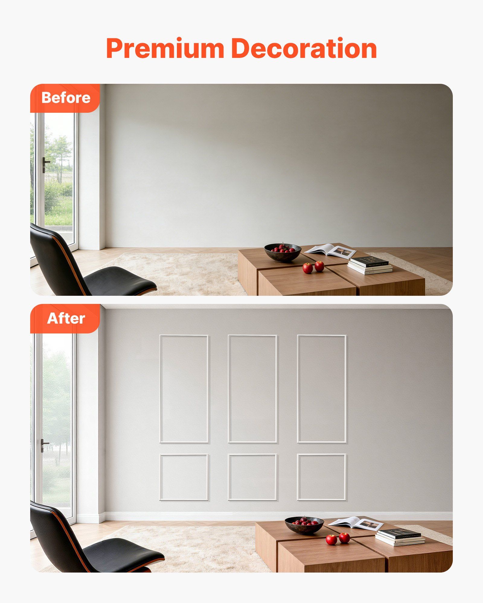 Wall Molding 3 Pack, Wainscoting Panels Kit, Lightweight Paintable Polystyrene, Easy to Install, Waterproof Accent Wall Trim for Interior Décor Living Room, Bedroom, White (61x137 + 61x61 cm) - Image 3