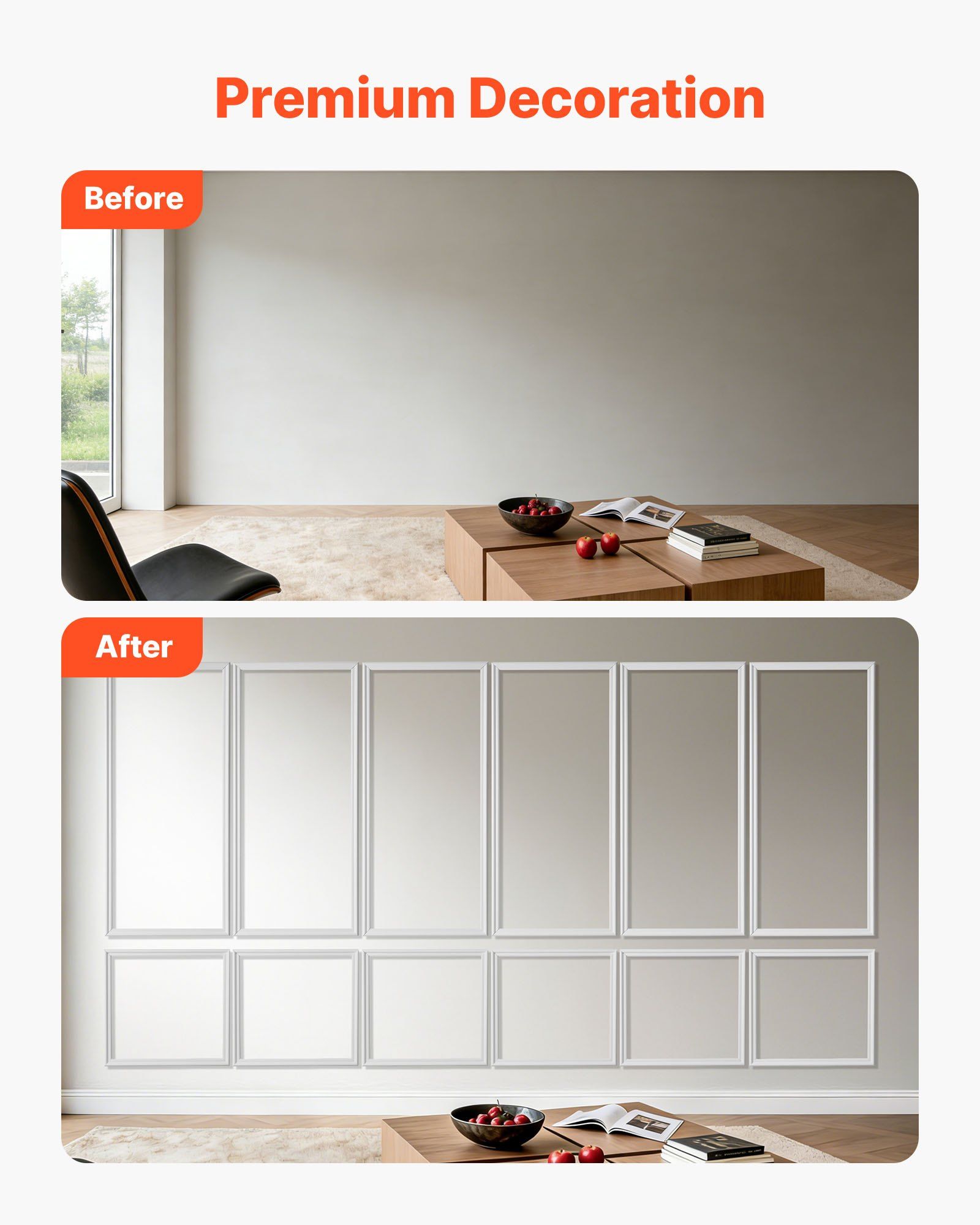 Wall Molding 6 Pack, Wainscoting Panels Kit, Lightweight Paintable Polystyrene, Easy to Install, Waterproof Accent Wall Trim for Interior Décor Living Room, Bedroom, White (61x137 + 61x61 cm) - Image 3